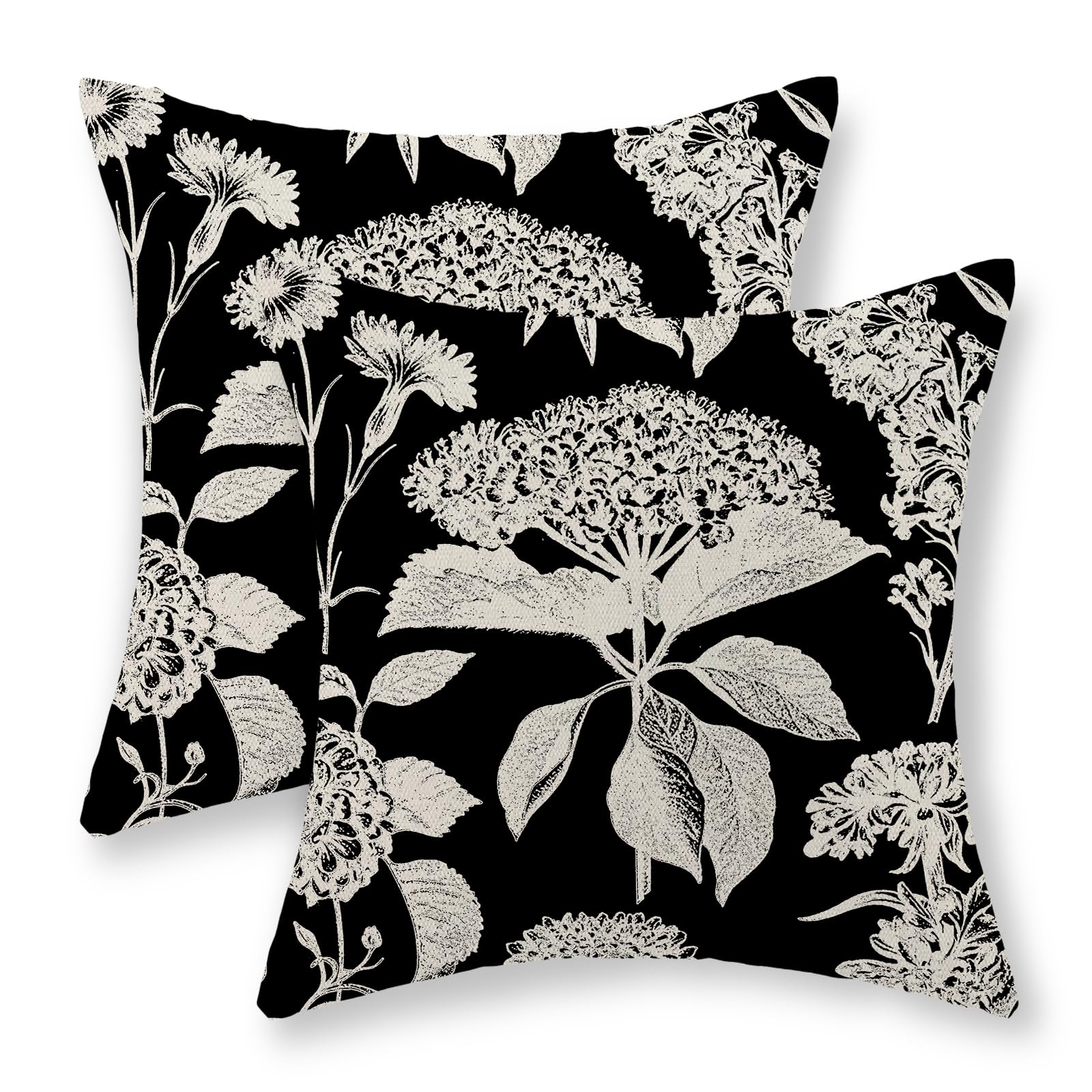 JEFERSO Black Pillow Covers 18x18 Inch Set of 2 Boho Herbs Botanical Floral Hydrangea Throw Pillows Vintage Flower Outdoor Decoration Pillow Cases Linen Farmhouse Cushion Case Decor for Couch Sofa