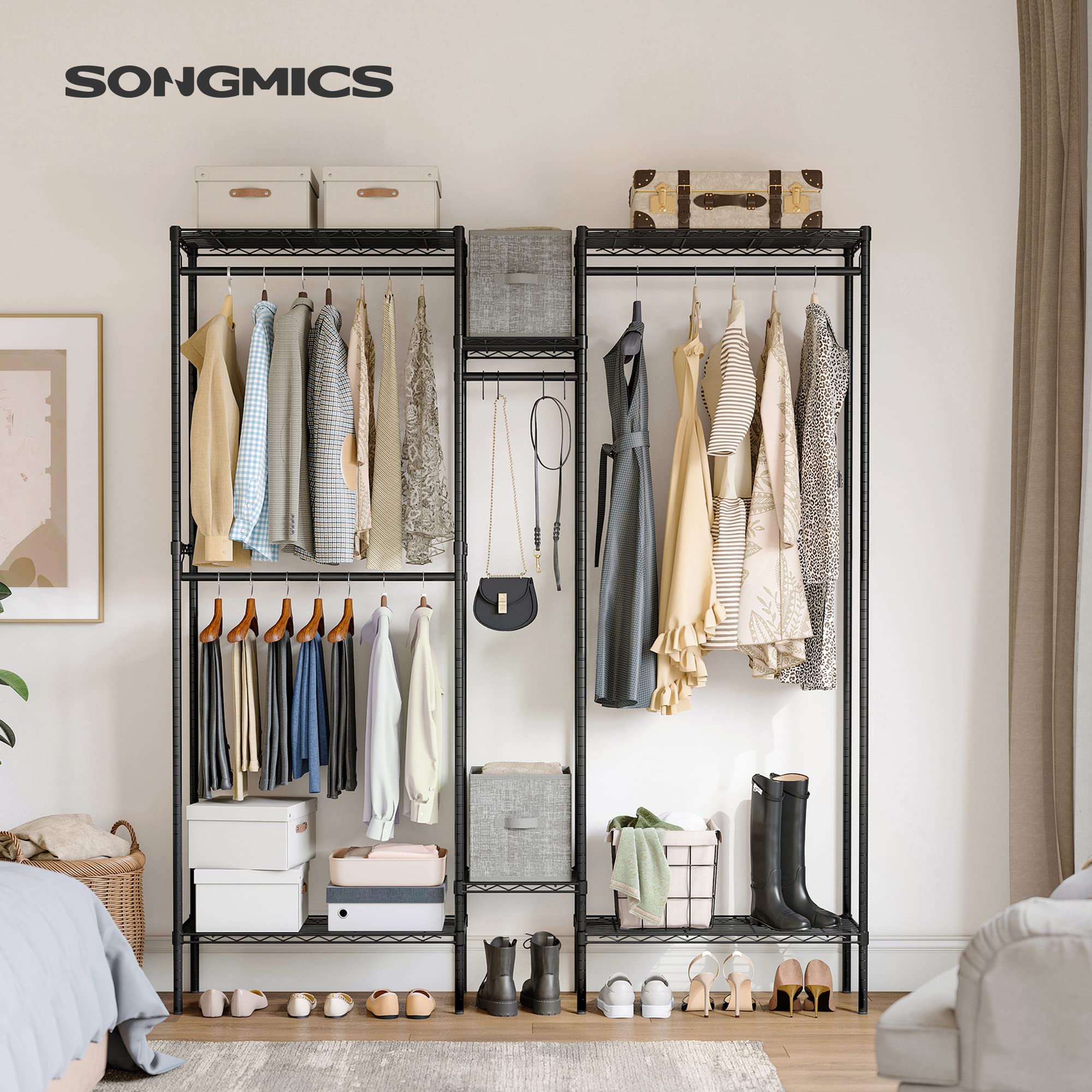 SONGMICS Clothes Rack with Shelves, Garment Rack for Hanging Clothes