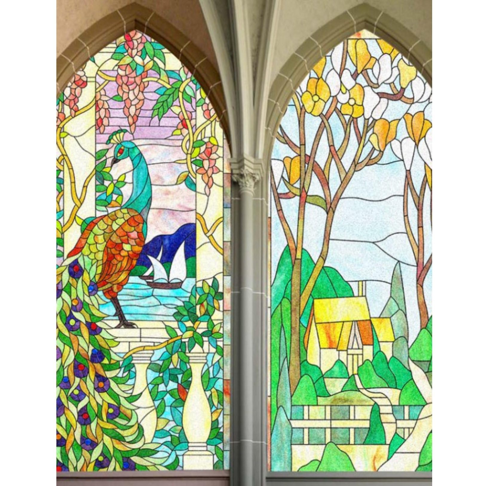 64707★5点セット アールデコ ステンドグラス 硝子 ガラス 教会 窓枠 Amazon｜窓用フィルム ステンドグラス 教会の様式 欧米風 ガラスシート