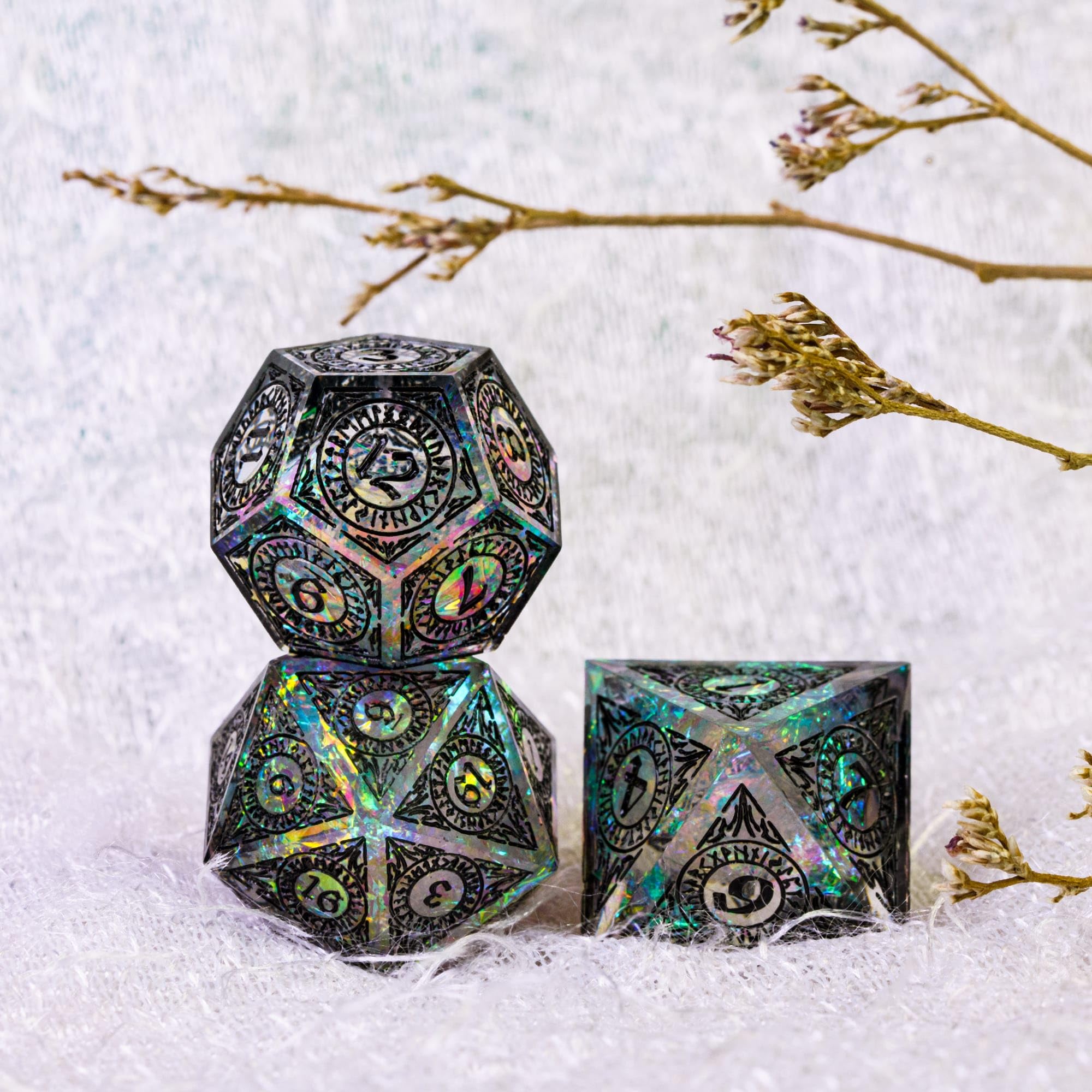 Premium Würfelset (W20 bis W4) - handgefertigte DND-Würfel, polyedrische RPG-Würfel für Dungeons and Dragons (D&D), Pathfinder, Cthulhu, DSA - 7-teiliges Set mit scharfen Kanten & Glitzer-Effekt