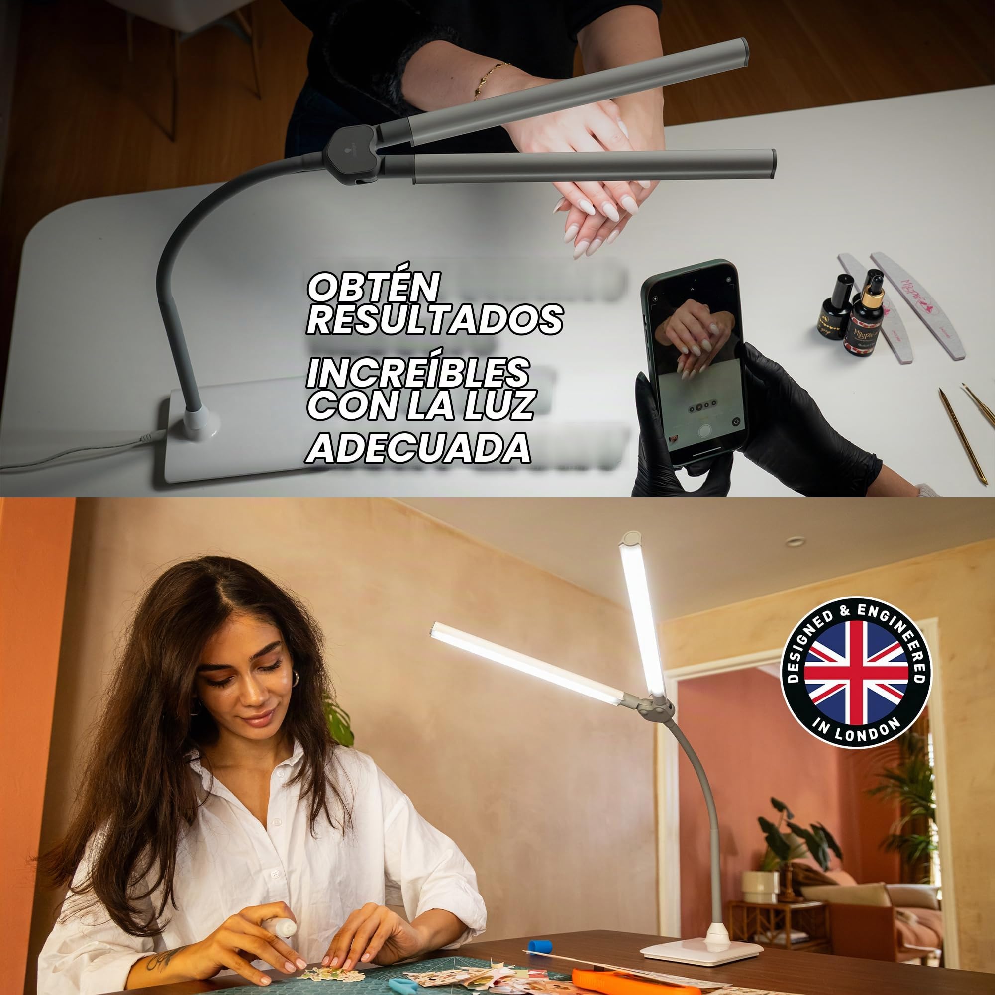 Daylight DuoPro™ – Lámpara de Escritorio LED Doble Cabeza – Pantallas Antirreflejos, IRC 95+, 6000K, Brillo Ajustable, Lámpara de Lectura de Mesa para Oficina, Diseño Moderno, Enchufe Europeo