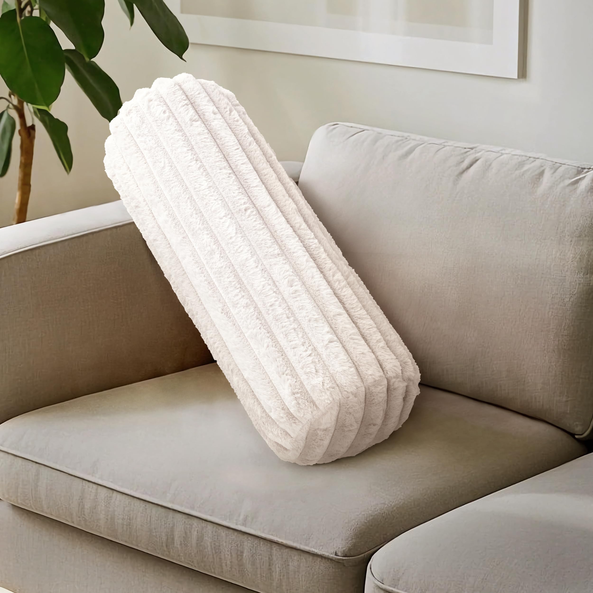 AELS Faux Fur Striped Cylinder Pillows, 8" x 24" Decorative Modern Bolster Pillows with Removable Washable Cover and Insert, Body Pillow for Couch and