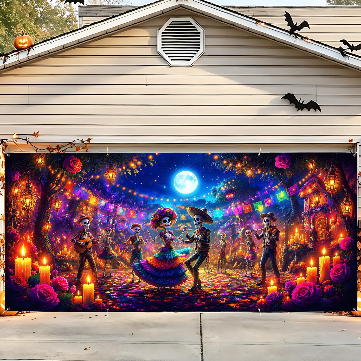 Halloween Garage Door Decorations 6 x 13 ft, Skeleton Party Cover
