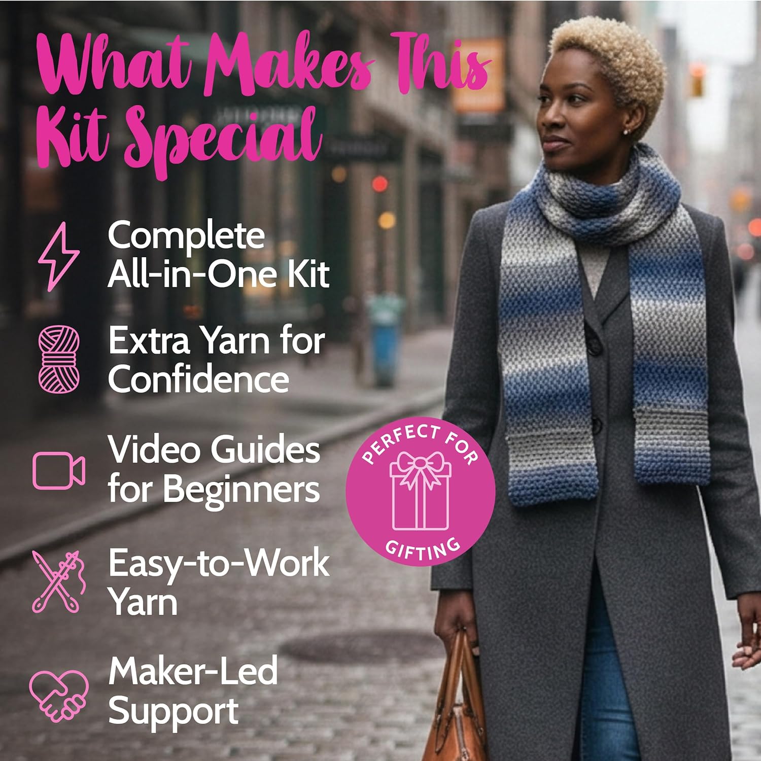 KnitPal Tunisian Scarf with Pockets Kit – 2 Skeins Ombre Encore (#5 Bulky, 100% Acrylic), Tunisian Hook, Pattern & Video – Beginner Tunisian Crochet, 6" x 84" (White Gray)
