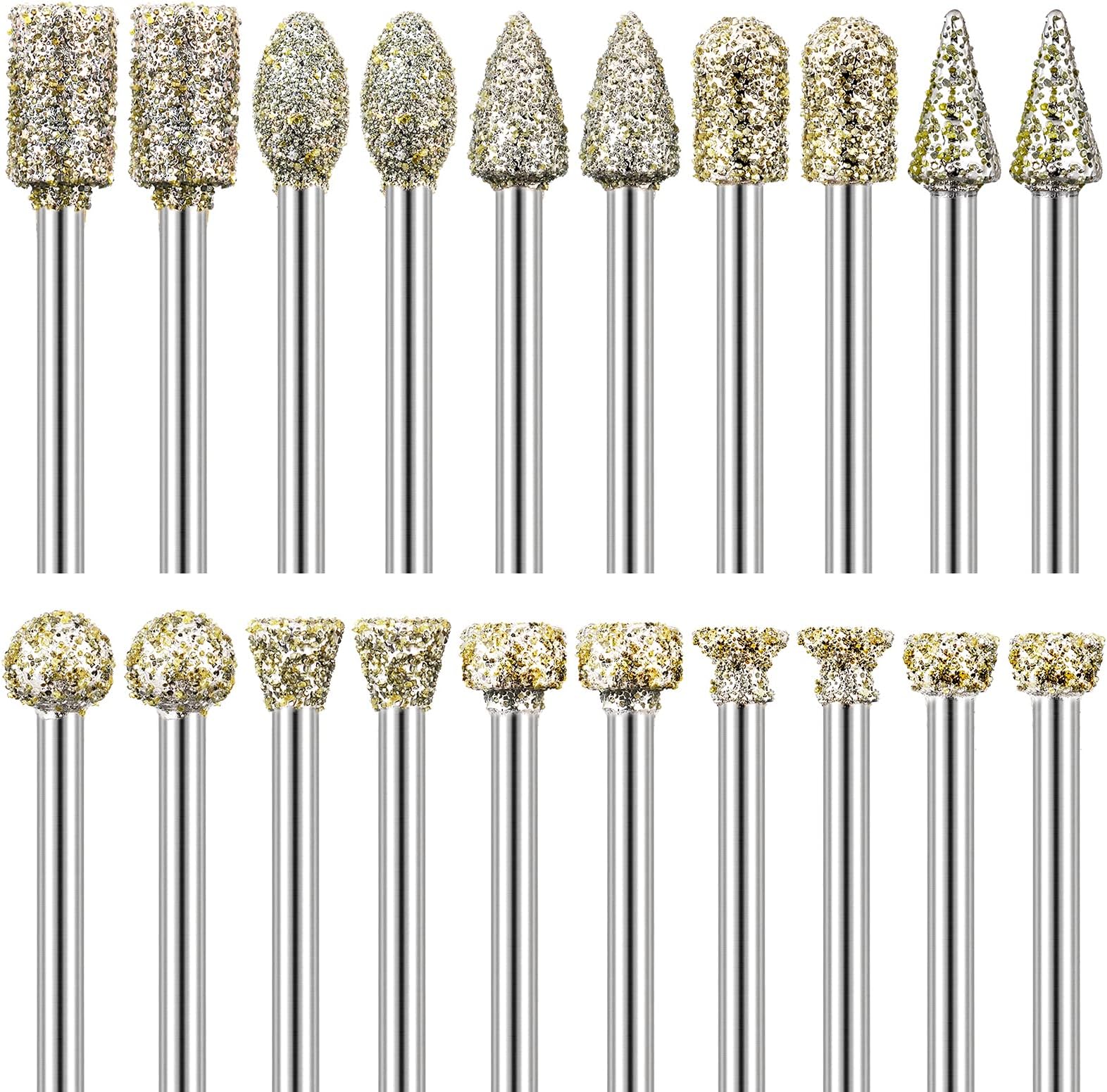 Diamond Grinding Burr Bit Set for Dremel Rotary Tool, 20Pcs Diamond Burr Bits with 1/8 Inch Shank Rotary Tool Accessories for Stone Glass Ceramics Carving, Grinding, Polishing, Engraving
