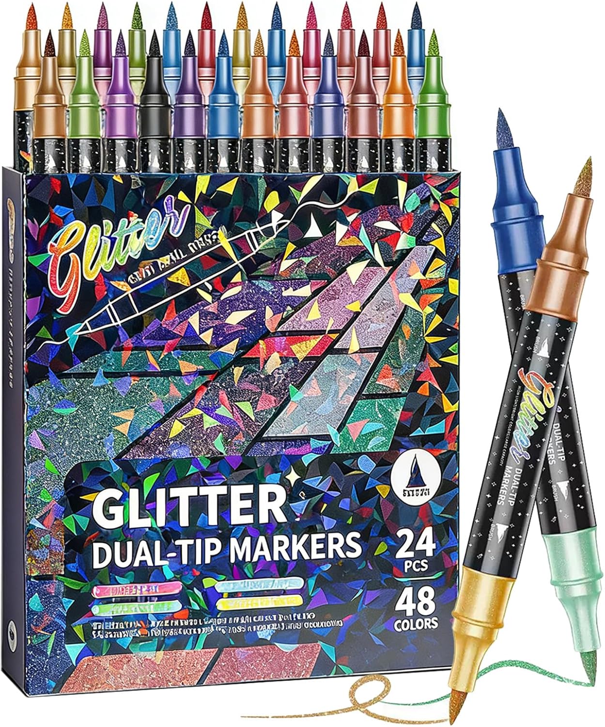 24/48/72/96 Colors Glitter Effect Brush Markers, Glitter Dual-tip Double Colours Shimmer Markers, 2-in-1 Quick-drying Large Capacity 6mm Soft Brush Tip Pen for Coloring (72)