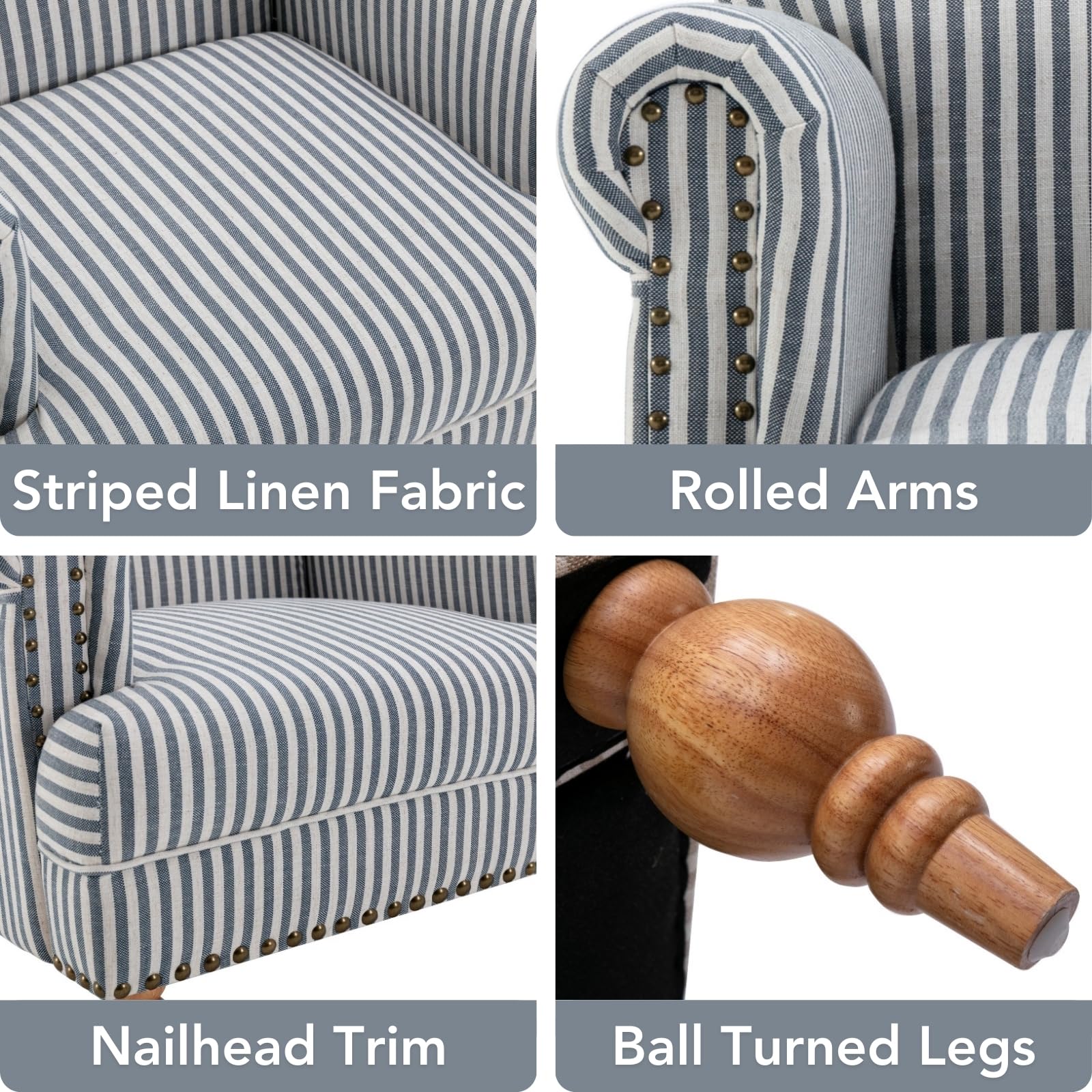 Best Striped Accent Chair Picks for 2026 2 DM Furniture Blue Striped Linen Fabric Accent Chair, Coastal Upholstered Armchai — product photo