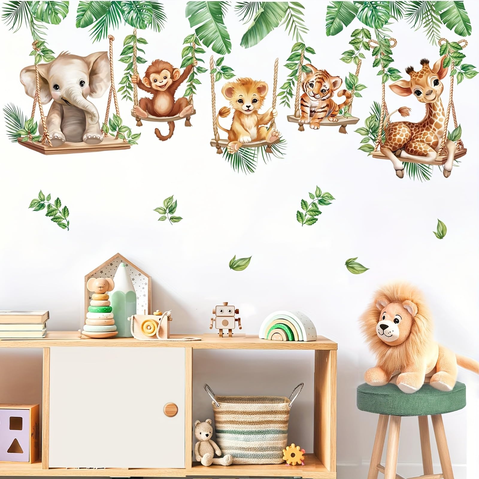 Zirax Green Jungle Animal Wall Stickers For Kids Room Safari Decor Elephant Giraffe Monkey Tropical Leaves Peel And Stick Bedroom Art Decals