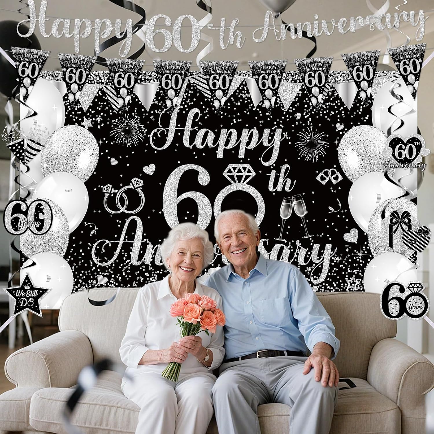 60th Wedding Anniversary Decoration Black Silver Happy 60th Anniversary Banner Hanging Swirls for Men Women 60 Years Wedding Party Decorations Supplies - Image 4