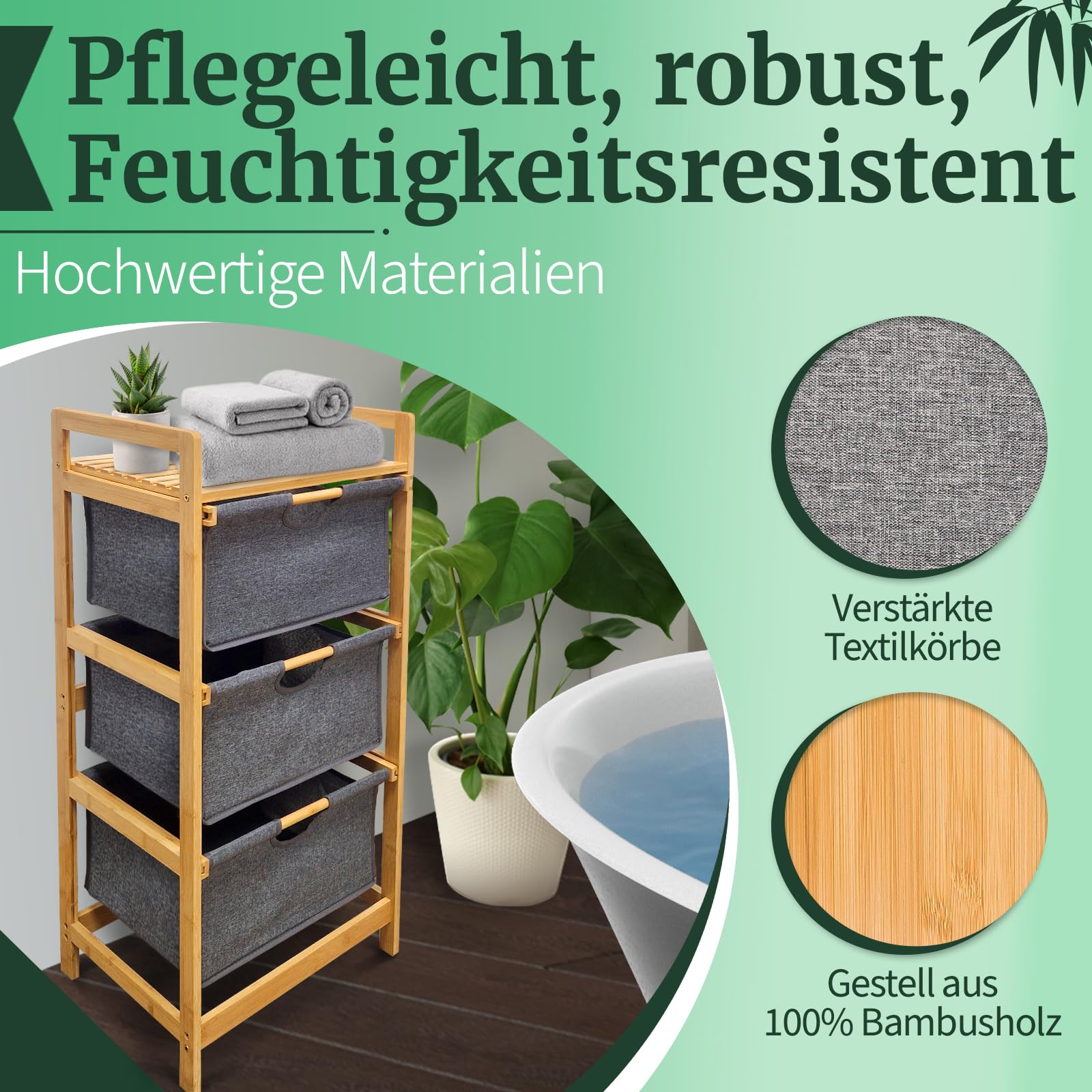 HEIMWERT Wschekorb Regal 3 Fcher - Stabiler Wschesortierer aus Bambus  Holz - Wschesammler 44 x 34,5 x 96 cm gro fr Badezimmer und Schlafzimmer  I Wsche Organizer mit Textil Korb (Platingrau) : Amazon.de: Kche,  Haushalt & Wohnen