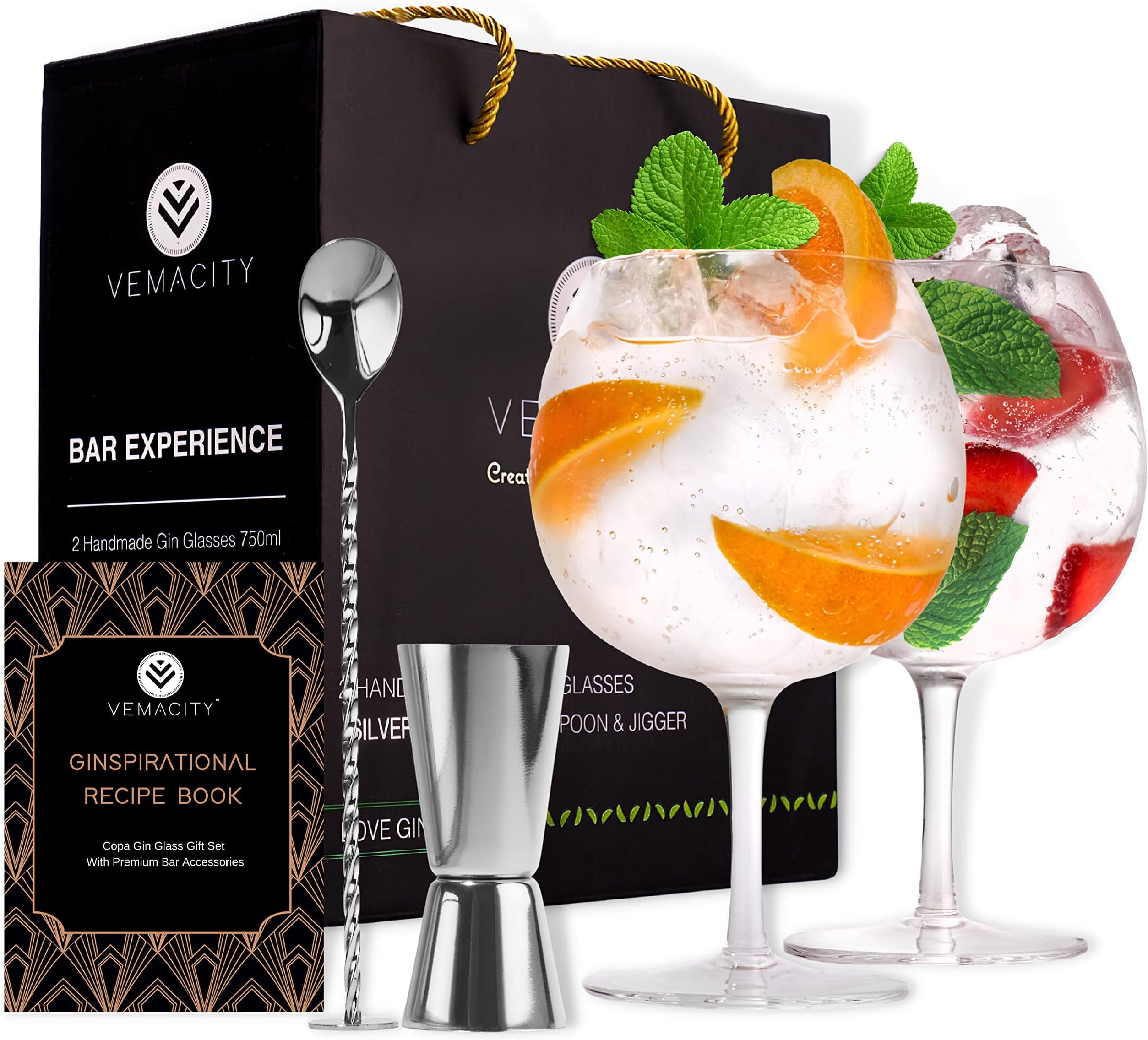 Vemacity Crystal Gin Glasses Set of 2 | Handmade Gin Glass Gift Set | Silver Cocktail Spoon, Spirit Measure & Recipe e-Book (PDF) | Aperol Spritz Glasses | Cocktail Glasses | Gift Box for Gin Lovers