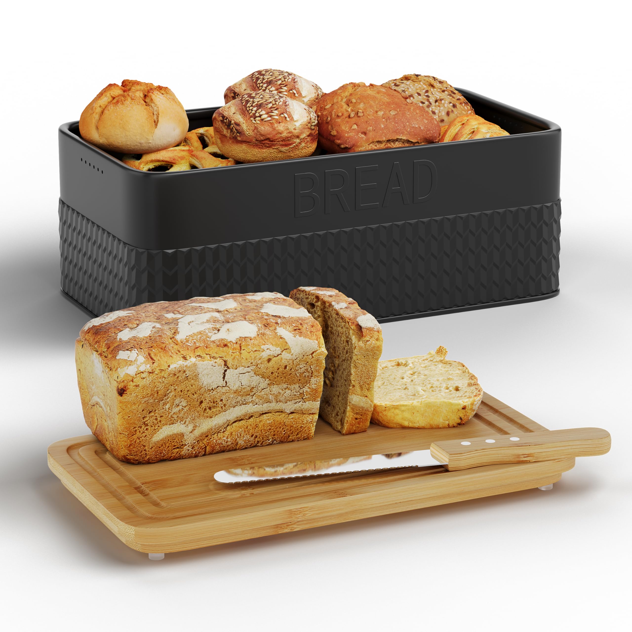 Photo 1 of Furshus Bread Box for Kitchen Countertop,Metal Bread Storage Bin with Bamboo Cutting Board Lid, Includes Bread Knife, Fits Sourdough & Buns, Stylish Organize (Black)