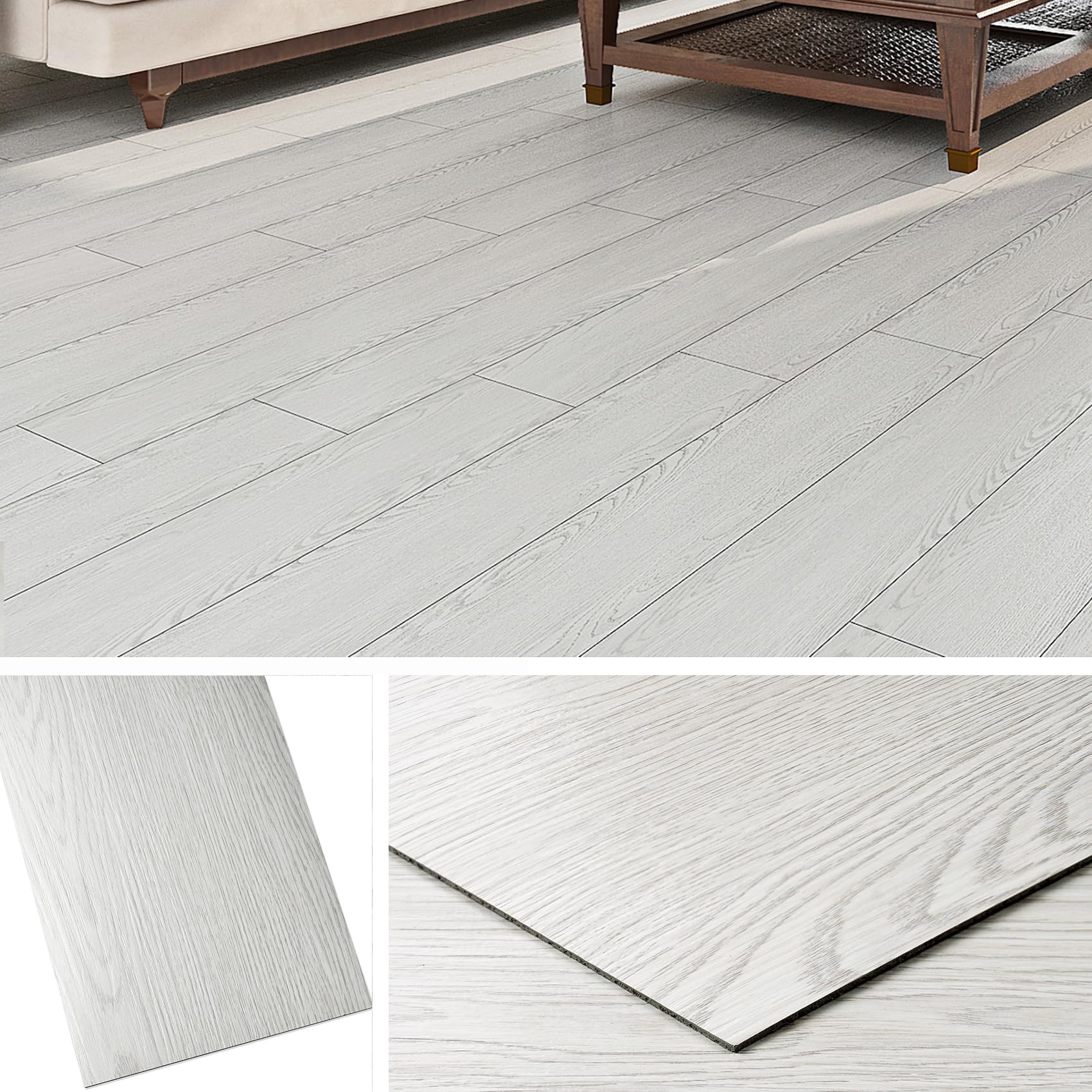 Livelynine Dicke Vinylboden Selbstklebend Weiß PVC Bodenbelag Holzoptik Hell 90x15 36-Stück Bodenfliesen Selbstklebend Bad Küche Linoleum Bodenbelag Selbstklebende Holzoptik Weiß PVC Boden Wohnzimmer