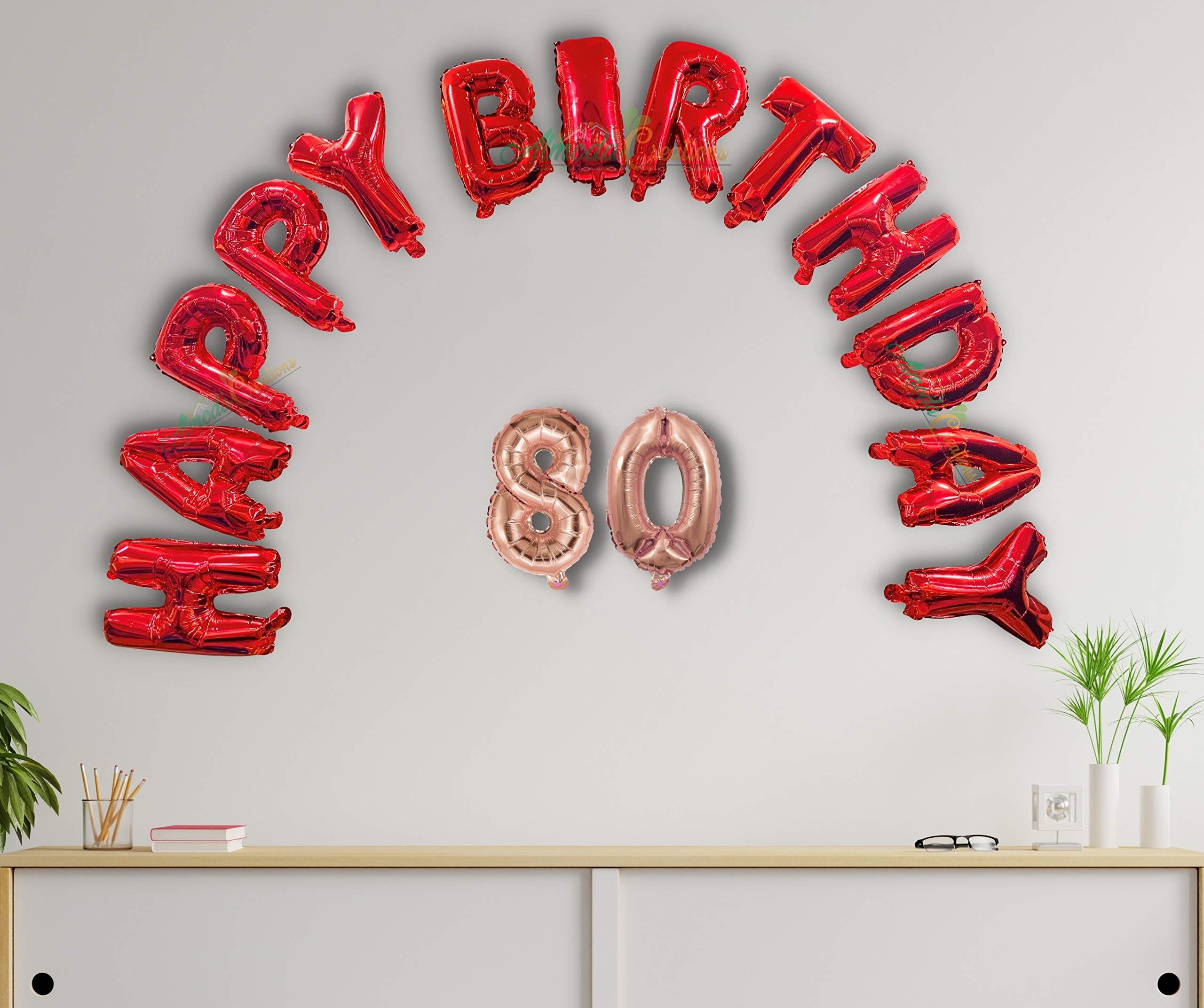 Almoda Creations® Happy 80th Birthday Decoration Set, 80th Happy Birthday Banner (Happy Birthday in Red & Numbers in Rose Gold)