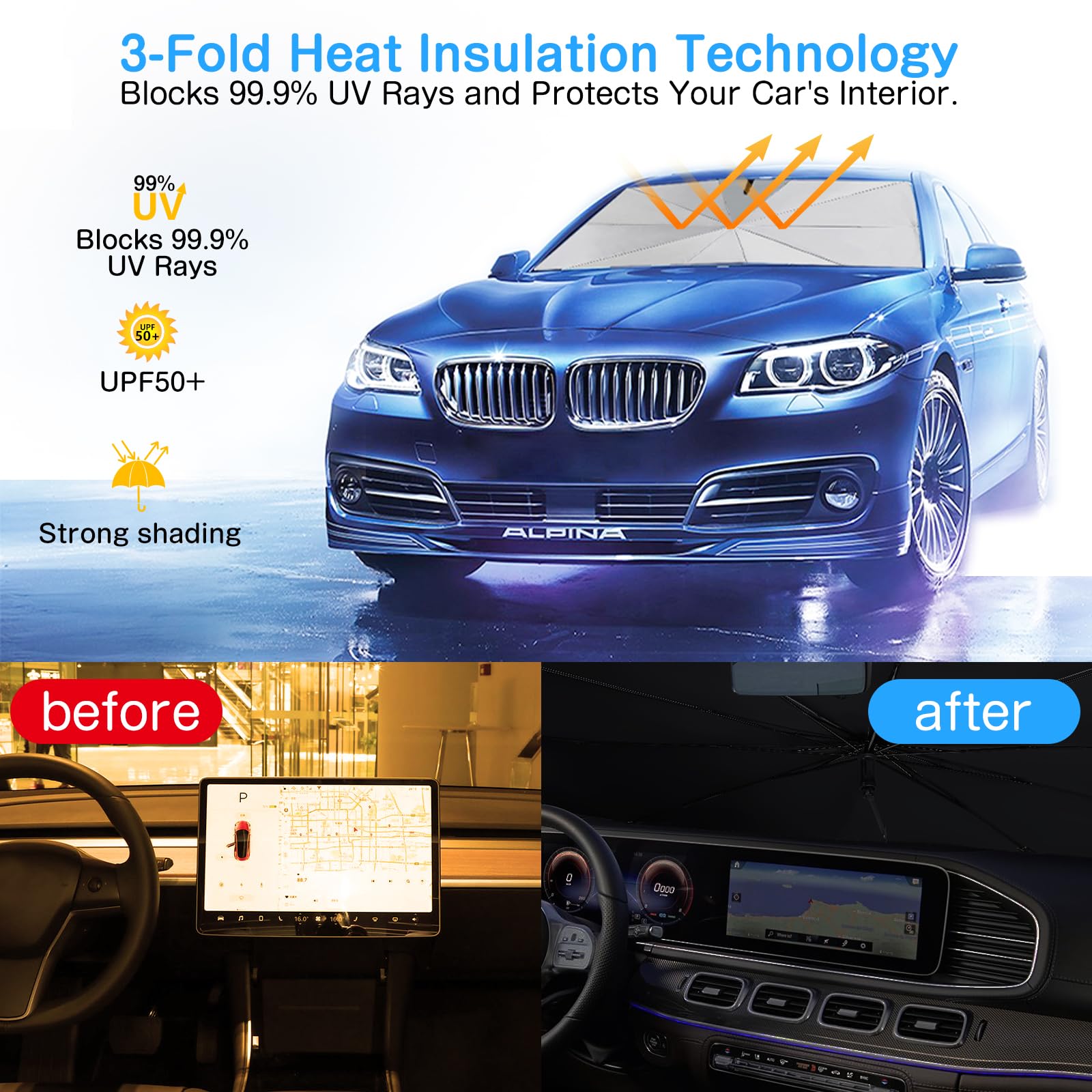 Pare Soleil Voiture, Parapluie Pare-Soleil Voiture pour Protection UV, Parasol Voiture Pare Brise Avant Convient à la Plupart des Camionnettes SUV MPV Camions-M (138 * 80cm)