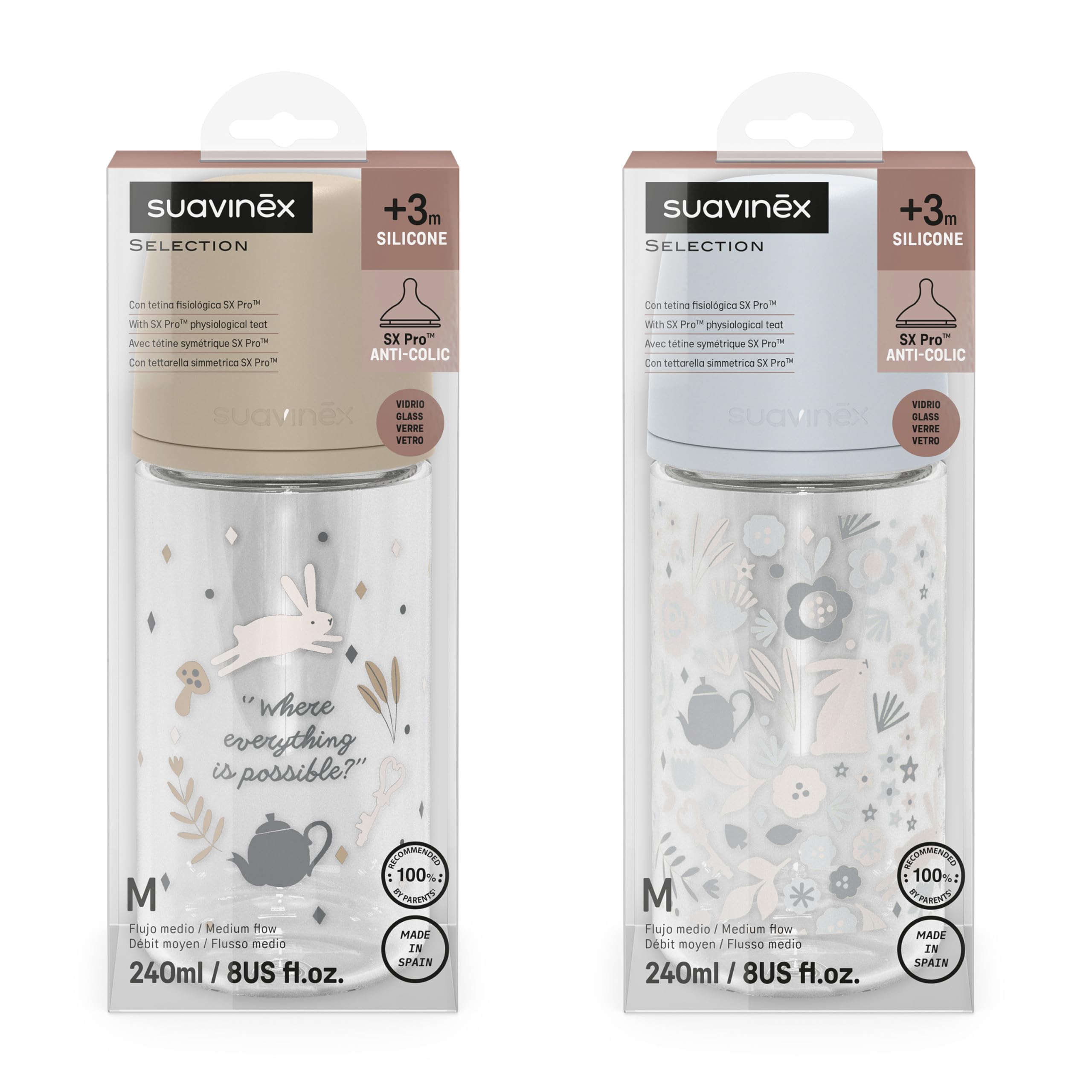 Suavinex, Pack Biberons en Verre de 240 ml. Biberon avec Tétine Symétrique SX Pro en Silicone, Anticoliques, Biberon avec Tétine à Débit Moyen (M), Pour Bébés +3 Mois, Wonderland Bleu, Beige