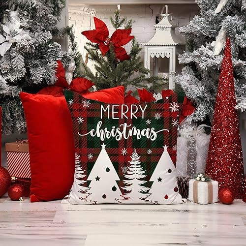 Miniatura 4 de Juego de 4 fundas de almohada de Navidad de 18 x 18 pulgadas, diseño de muñeco de nieve de Papá Noel, copos de nieve, diseño de búfalo a cuadros,