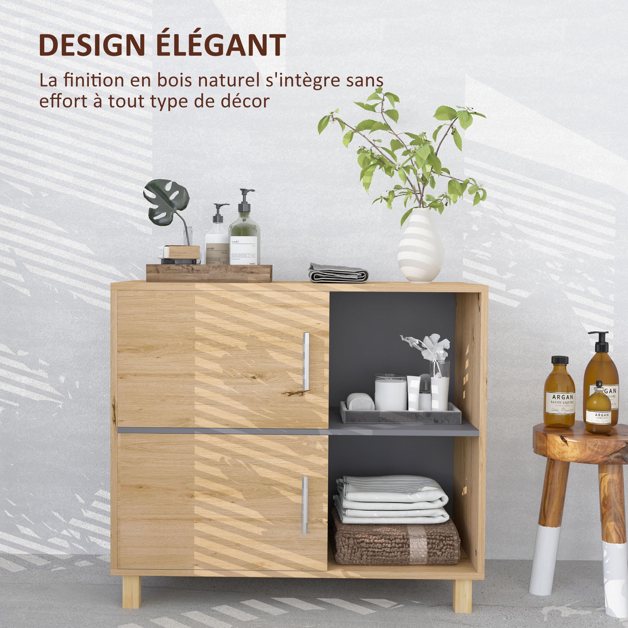 HOMCOM Meble łazienkowe, szafka do przechowywania z otwartymi przegródkami i szafą, szafka łazienkowa niedz. 80 l x 35P x 70H cm, naturalne drewno