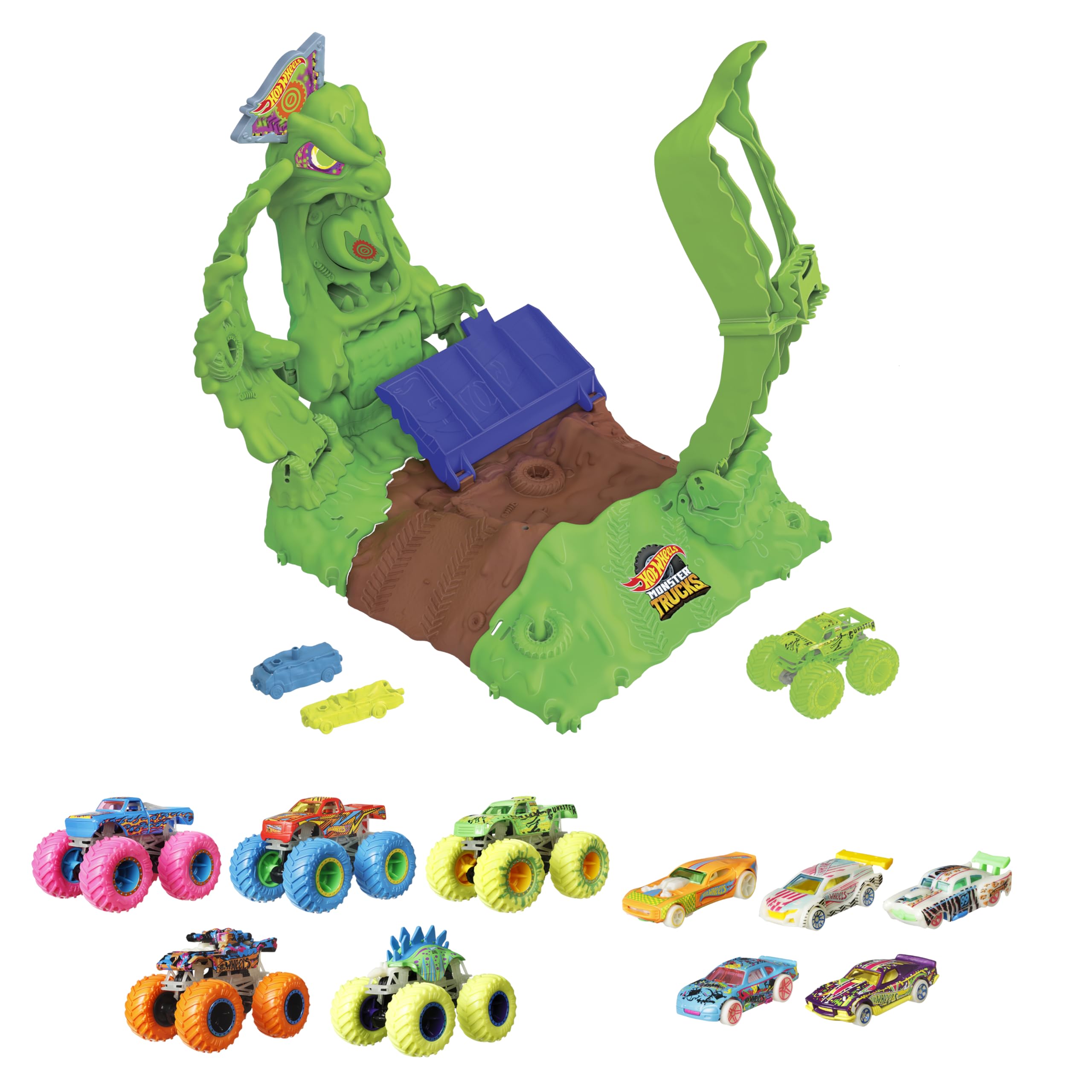 Bundle of Hot Wheels Monster Trucks Glow in The Dark 10 Toy Vehicles: 5 Monster Trucks + Arena Smashers Glow-in-The-Dark Gunkster Playset with 1 Glow-in-The-Dark Gunkster Toy Truck & 2 Crushable Cars