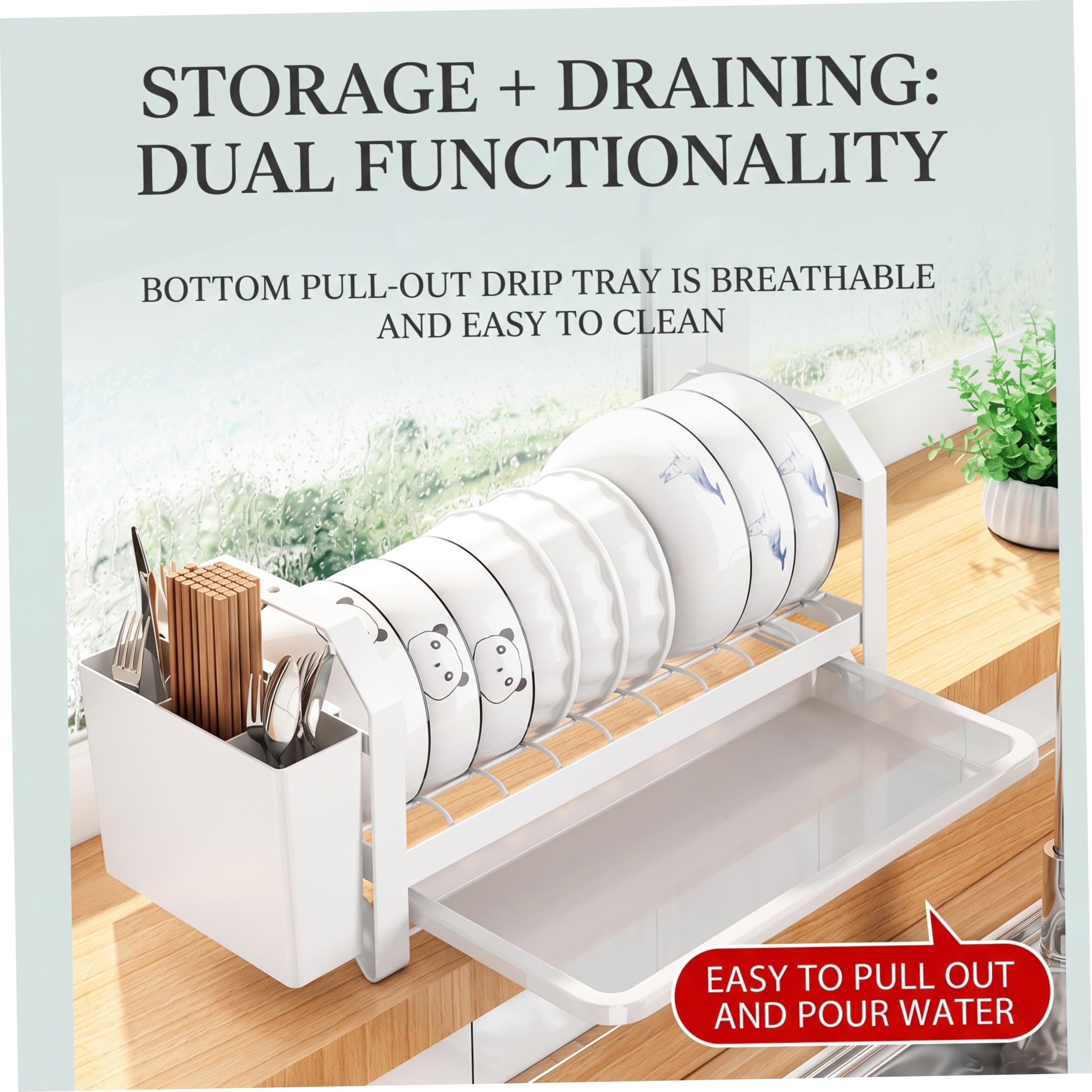 Petit égouttoir à Vaisselle, Compact avec Porte-ustensiles à 3 Compartiments, Plateau de vidange Coulissant, pour comptoir de Cuisine, Blanc