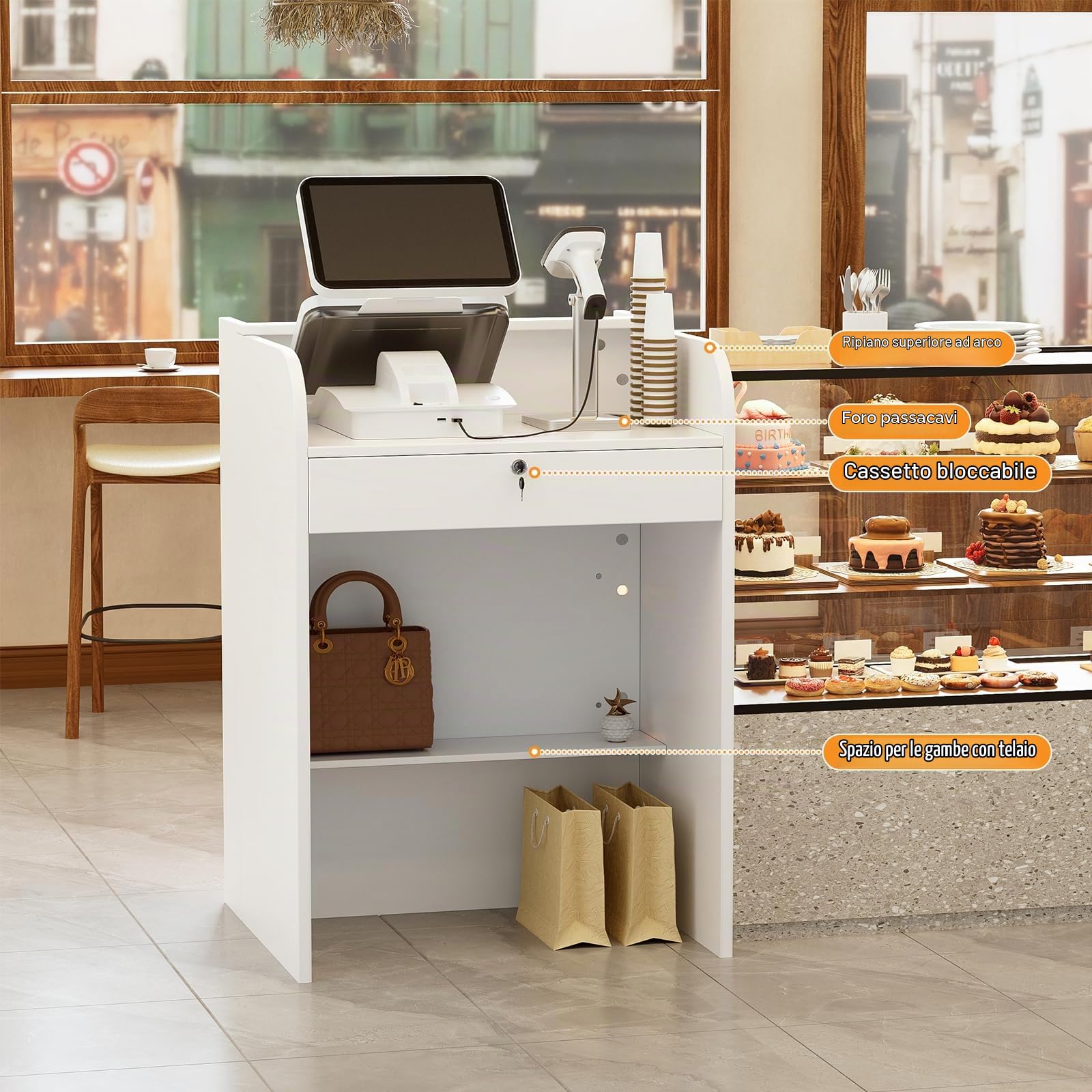 Bancone Reception con LED, Banco Reception con Cassetti e Armadi Chiudibili & Ripiani Aperti, Compatto Bancone Negozio Reception Estetica Banco Cassa per Hotel, Ufficio,Centro Estetico, 60x60x95CM