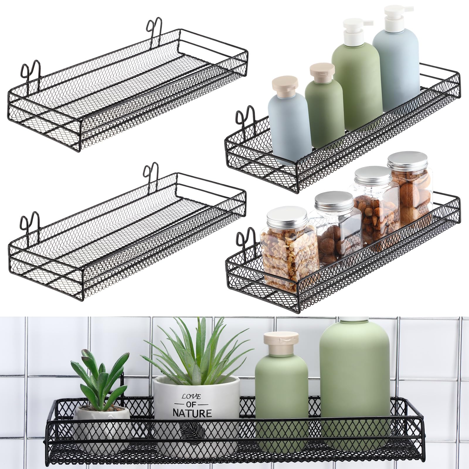 4 cestas de malla de alambre de metal para pared de rejilla de 15.75 x 5.91 x 1.97 pulgadas, cesta de malla de alambre colgante negra con gancho organizador montado en la pared, cesta de