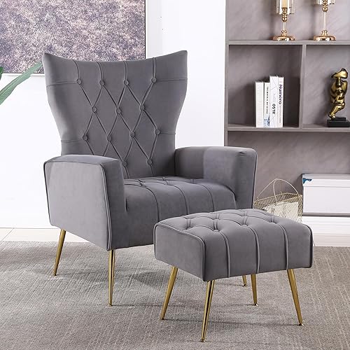 Silla decorativa de terciopelo con otomana, silla tapizada con respaldo de ala, sillas decorativas modernas con patas de metal dorado para