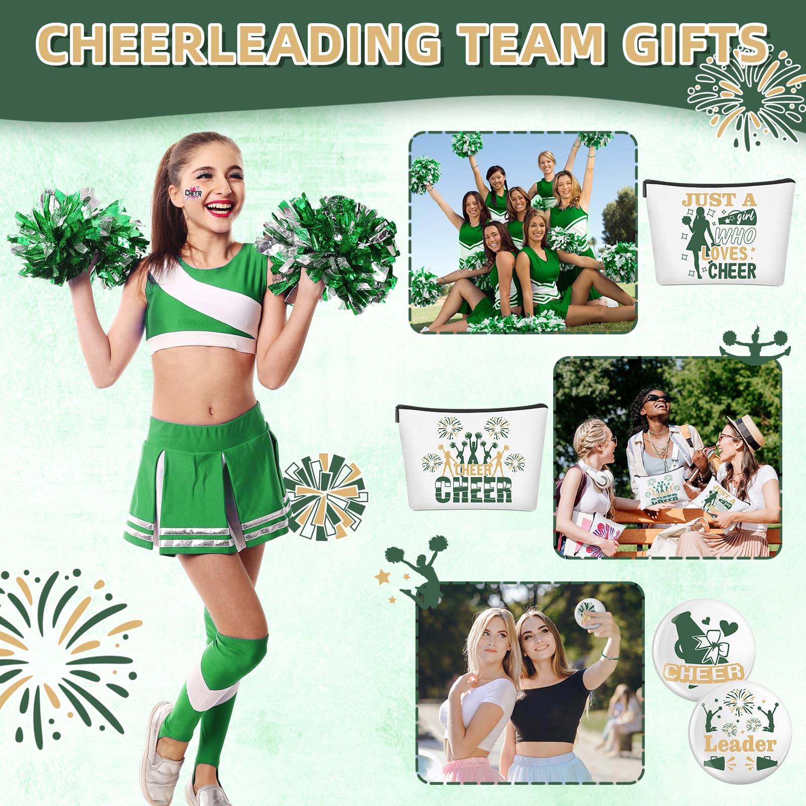 Lyrow 160 szt. Prezenty dla cheerleaderek luzem dla drużyny Cheer Scrunchies opaski do włosów kosmetyczka Cheer Mirror bransoletka brelok naklejka