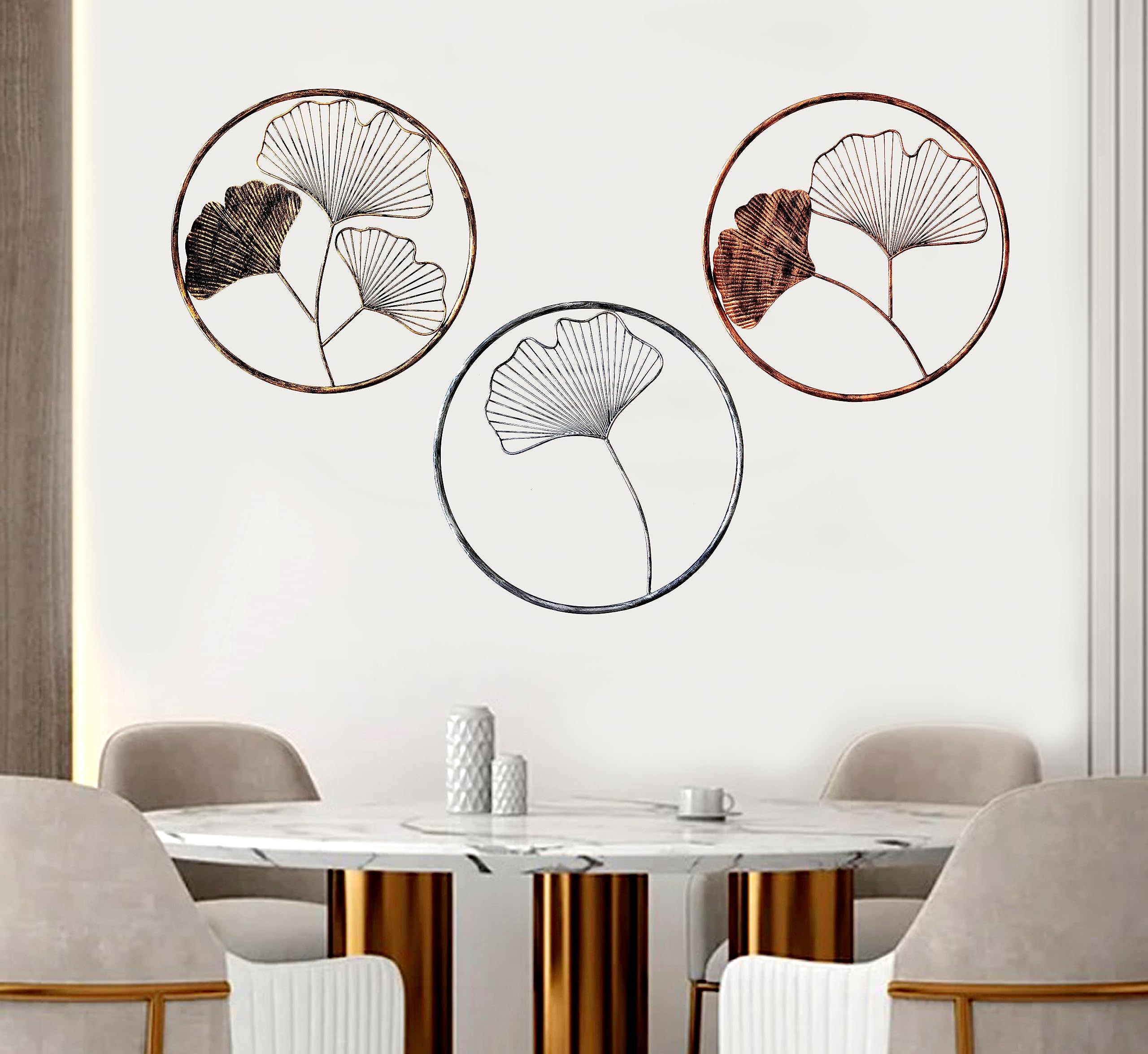DSH CRAFTING YOUR CURIOSITY Metal Wall Art Multicolor Decorative Metal Gingko leaf (Set Of 3) Wall Decor Wall Sculpture Showpiece For Home Office Hotel Decoration.