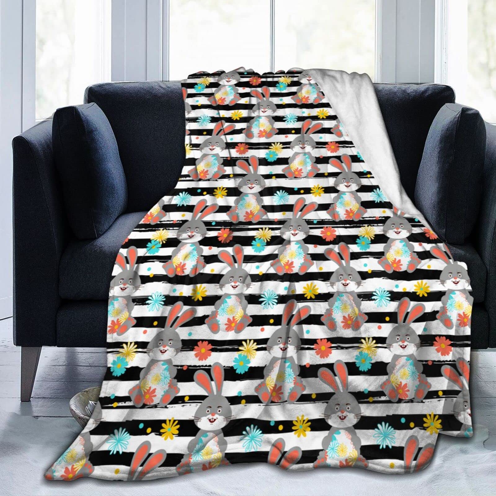 Lsjuee Easter Bunny Throw Blanket Warm Cozy Lightweight Blankets Easter Gift Soft Flannel Blanket for Sofa Couch Bed Office Holiday Decorative 80"X60"