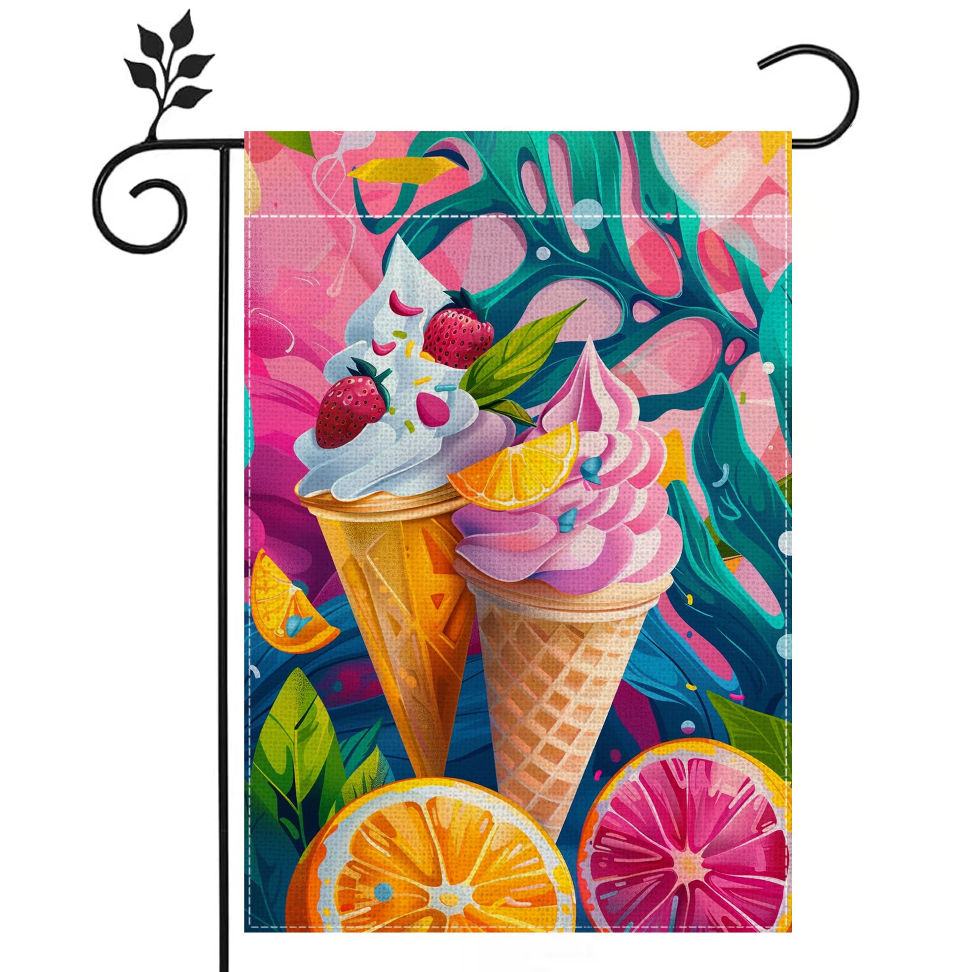 Hello Summer Garden Flags, Fruit Ice Cream Garden Flag, 12x18 Inch Double Sided Burlap, Holiday Yard Lawn Flag, Outdoor Patio House Decoration