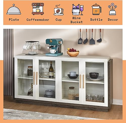 Miniatura 5 de AMERLIFE Aparador de buffet, gabinete de acento de colores mixtos con luces LED, armario de almacenamiento de puertas de vidrio modernas con estante