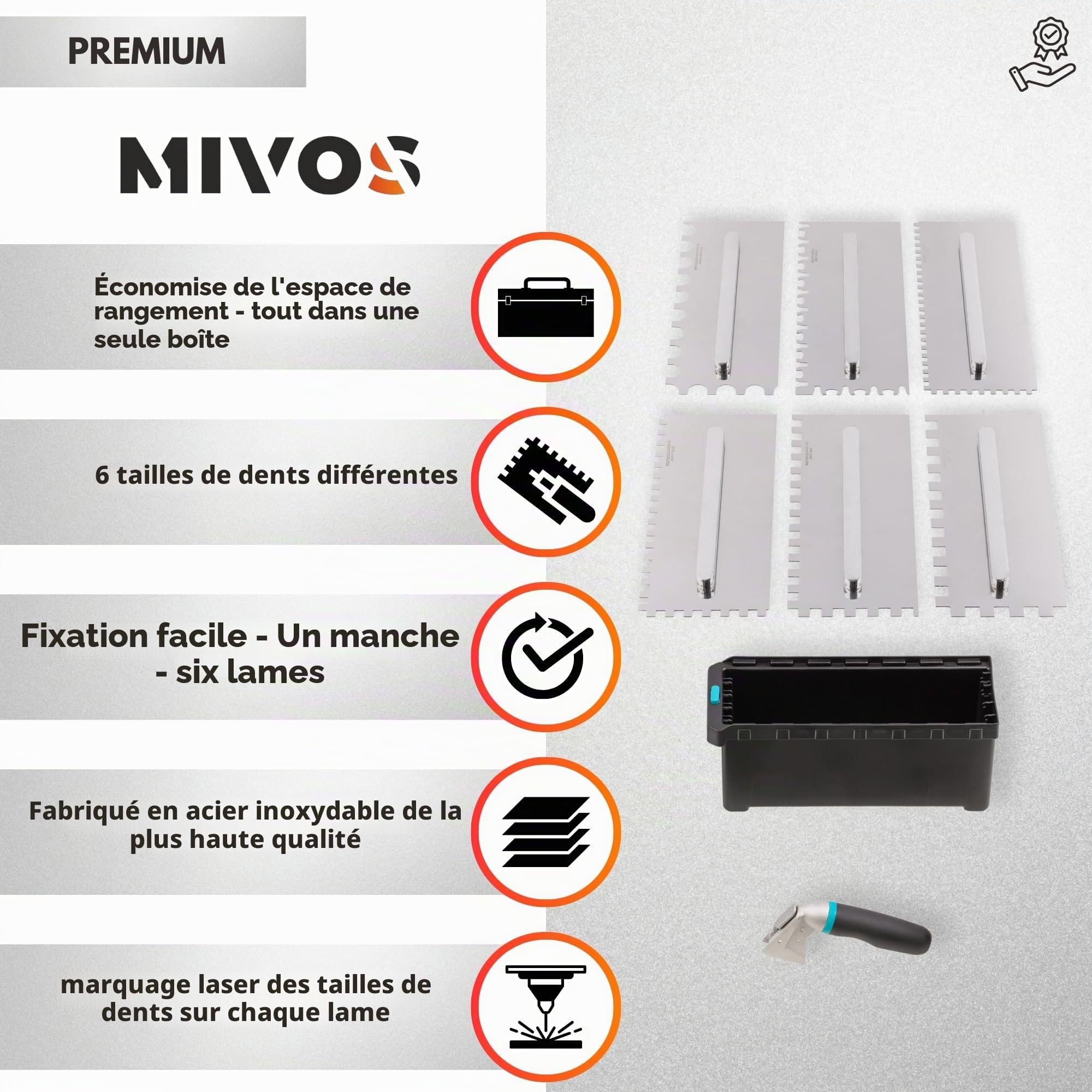 MIVOS Jeu de Truelles avec poignée amovible et boîte de transport - 6, 8, 10, 12mm, Type U, type Tiger - 6 Truelles dentées - Truelle inox avec poignée soft - Truelles à carrelage