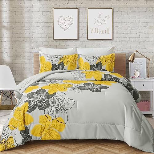 Juego de edredón tamaño California King, estampado floral amarillo en gris, juego de ropa de cama de microfibra suave bohemio para todas las