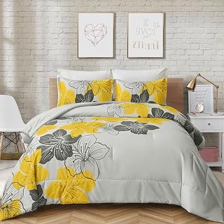 Floral Comforter Set Queen - 3 Piece Yellow Floral Pattern Printed on Grey - Ultra Soft Microfiber Bedding Set Lightweight Boho Bed Comforter Set for All Season (1 Comforter, 2 Pillowcases)