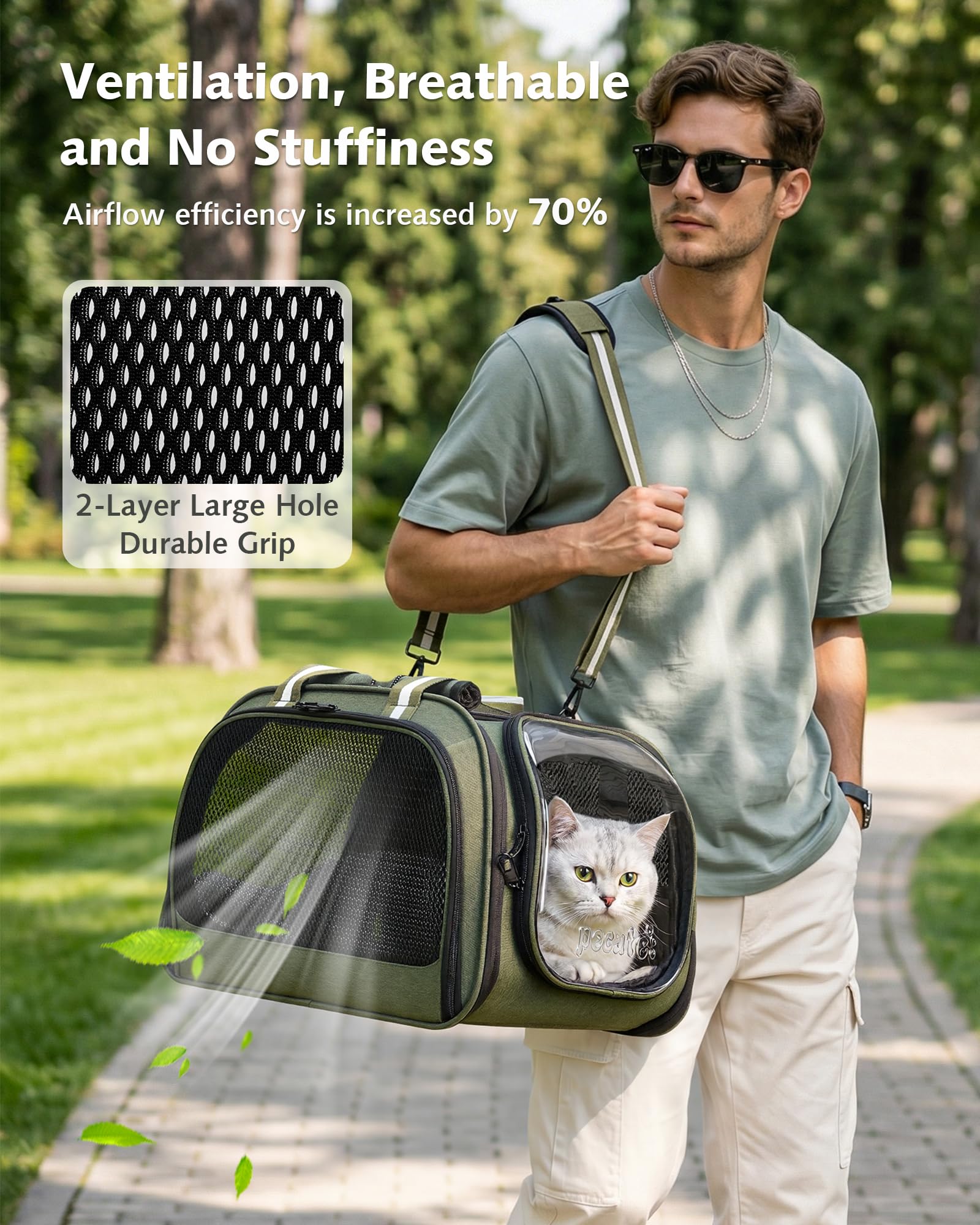 Pecute Sac Transport Chat Grande Capacité, Sac De Transport pour Chat Respirant, Stransport À Bulles pour Chats Curieux, Sac De Transport pour Chien, Vert, M