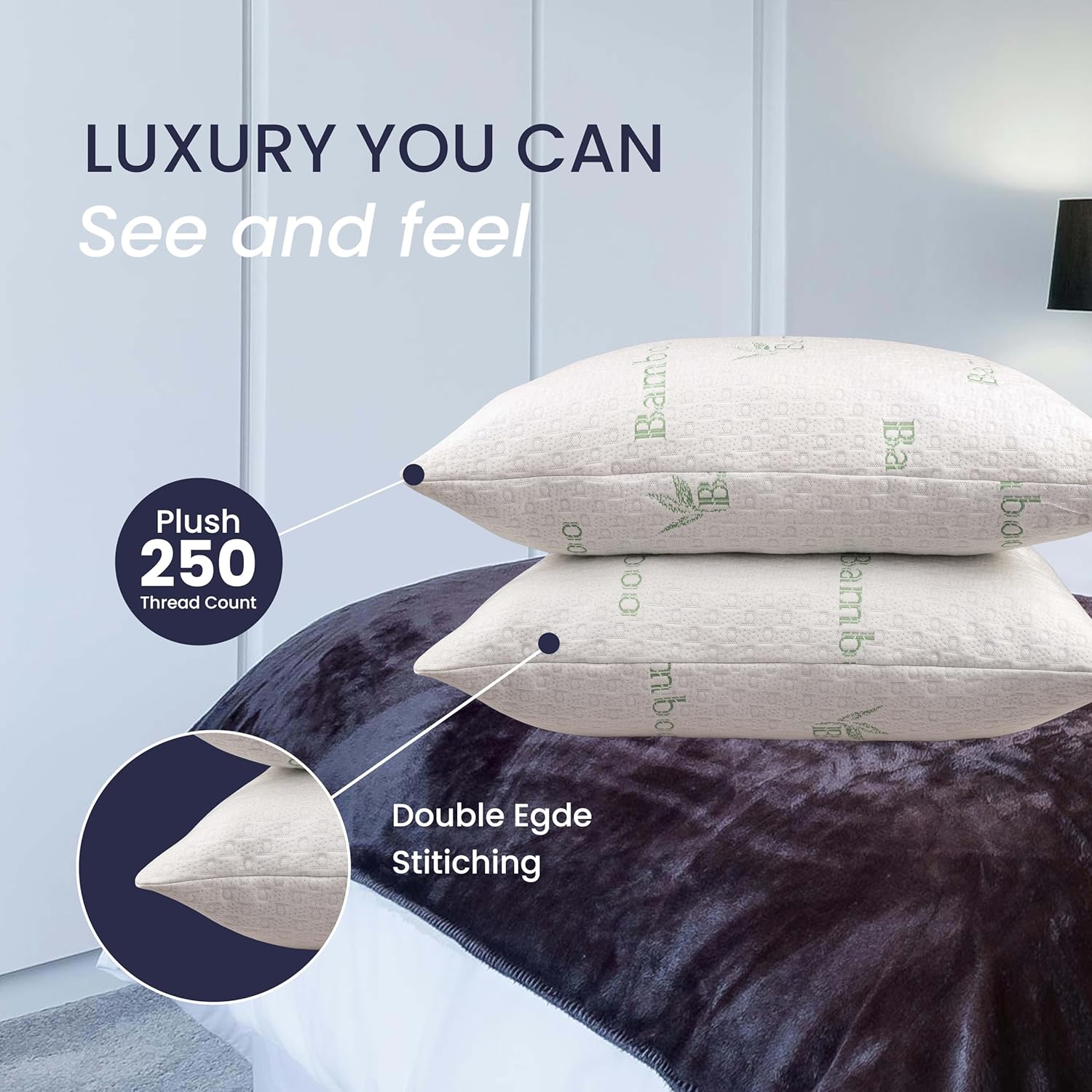 Queen Size Plush Bamboo Microfiber Pillows with Cotton Cover, Set of 2