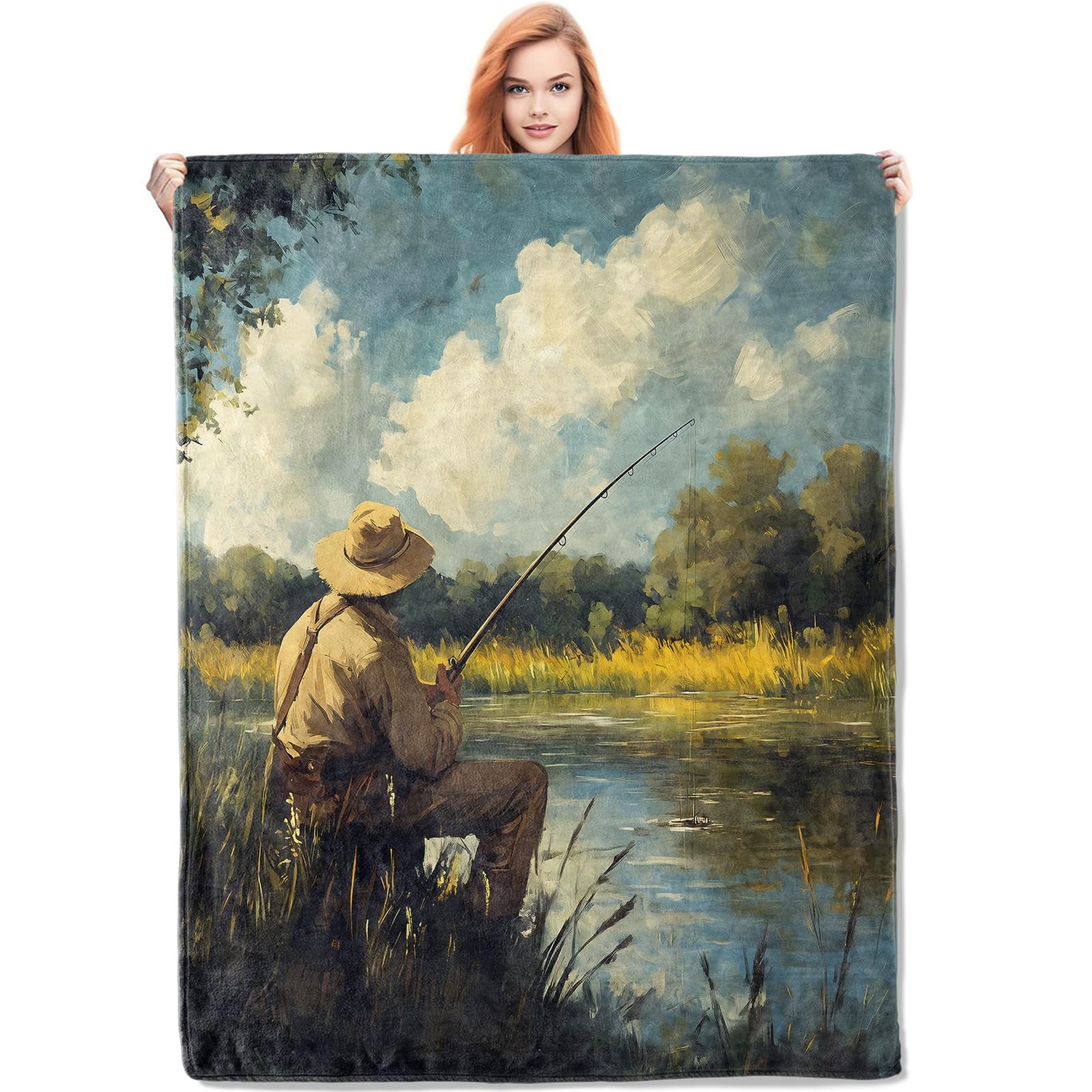 VANZEV Peaceful Fisherman Blanket Gifts for Outdoor Lovers Women, Fishing Flannel Blanket, Soft Warm Lightweight Throw Blankets for Bed Couch Home