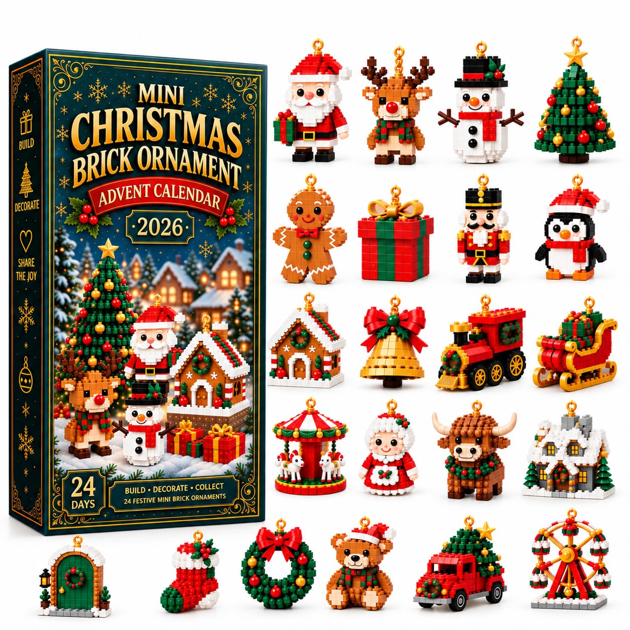 Adventskalender 2026, 24 Mini Bausteine Weihnachtsanhänger zum Bauen