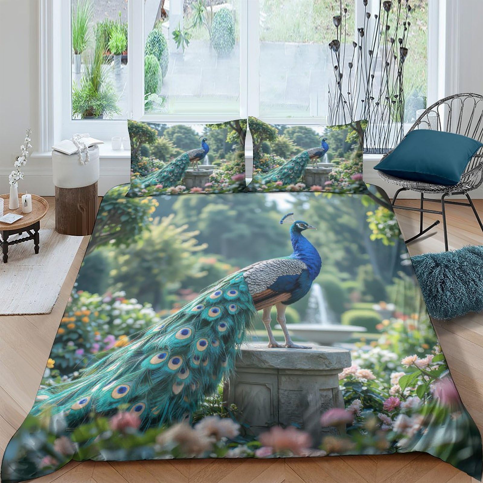 Ctjqhvkz Style-6 3D Printed Peacock Garden Fitted Sheet Microfiber Anti-Slip Floral Bed Sheet For Bedroom Guest Room Easy Care Single（135X200cm）