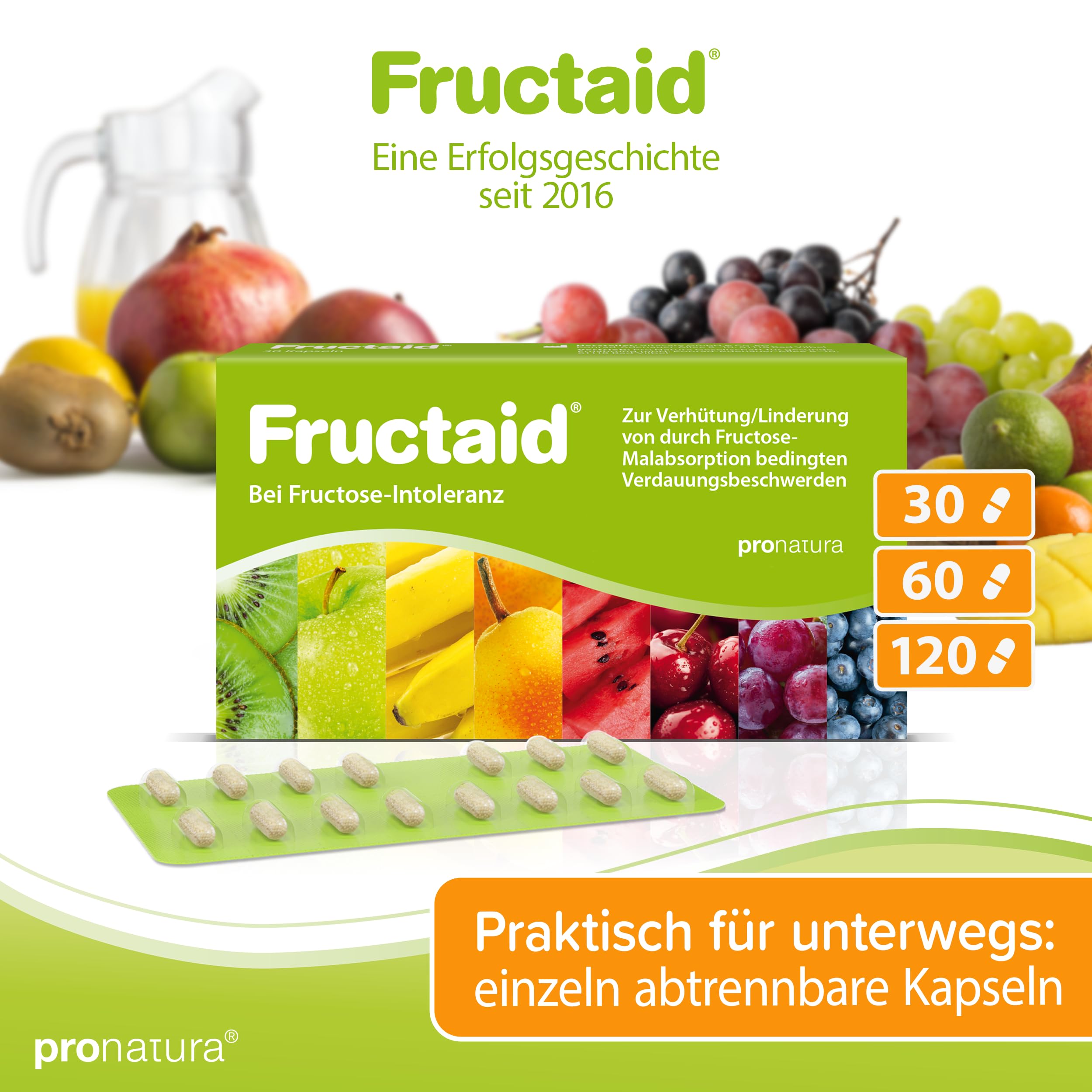 pro natura Fructaid – 120 Kapseln bei Fructose-Intoleranz, Supplement zur Prävention und Linderung von Fructose-Malabsorption bedingten Verdauungsbeschwerden