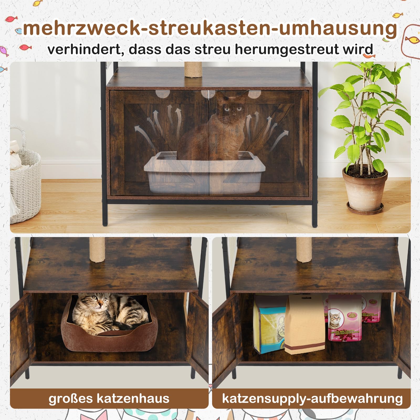 COSTWAY Kratzbaum mit Katzenklo Schrank, Katzenschrank für Katzentoilette, Katzenbaum mit Katzenhaus & Jutepfosten & Raumkapsel & Kratzmatte, All-in-One Katzenmöbel, 80 x 48 x 150 cm, Braun