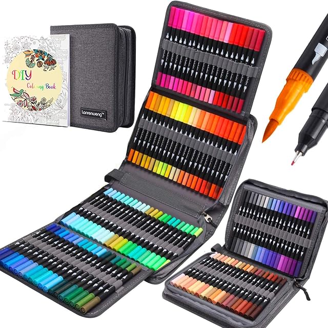 LANRENWENG 120 Colors Dual Tip Brush Pens Fineliners Art Markers, Watercolor Marker and Highlighters with Canvas Bag for Adult Coloring Books Drawing Sketching Bullet Journal Calligraphy