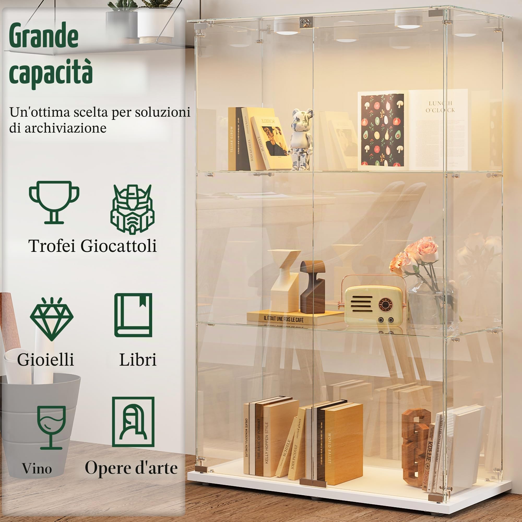 Vetrina in vetro con luci a LED, armadio EE, 3 ripiani e 2 porte, per collezione, camera da letto, soggiorno e sala da pranzo, 123 x 78,5 x 35 cm