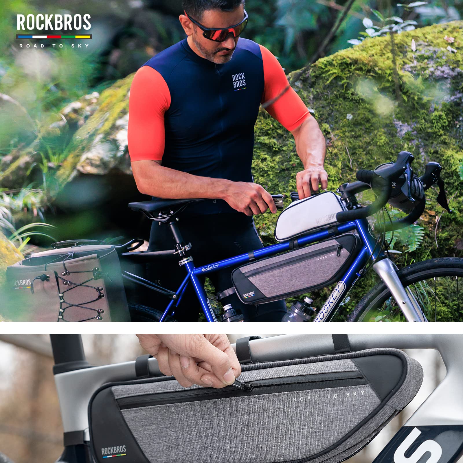 ROCKBROS Road to Sky Sacoche Cadre Vélo 2L, Étanche Réfléchissante pour Sacoche Avant pour VTT, Gravel, Route, BMX – Blanc, Orange, Vert, Gris, Noir