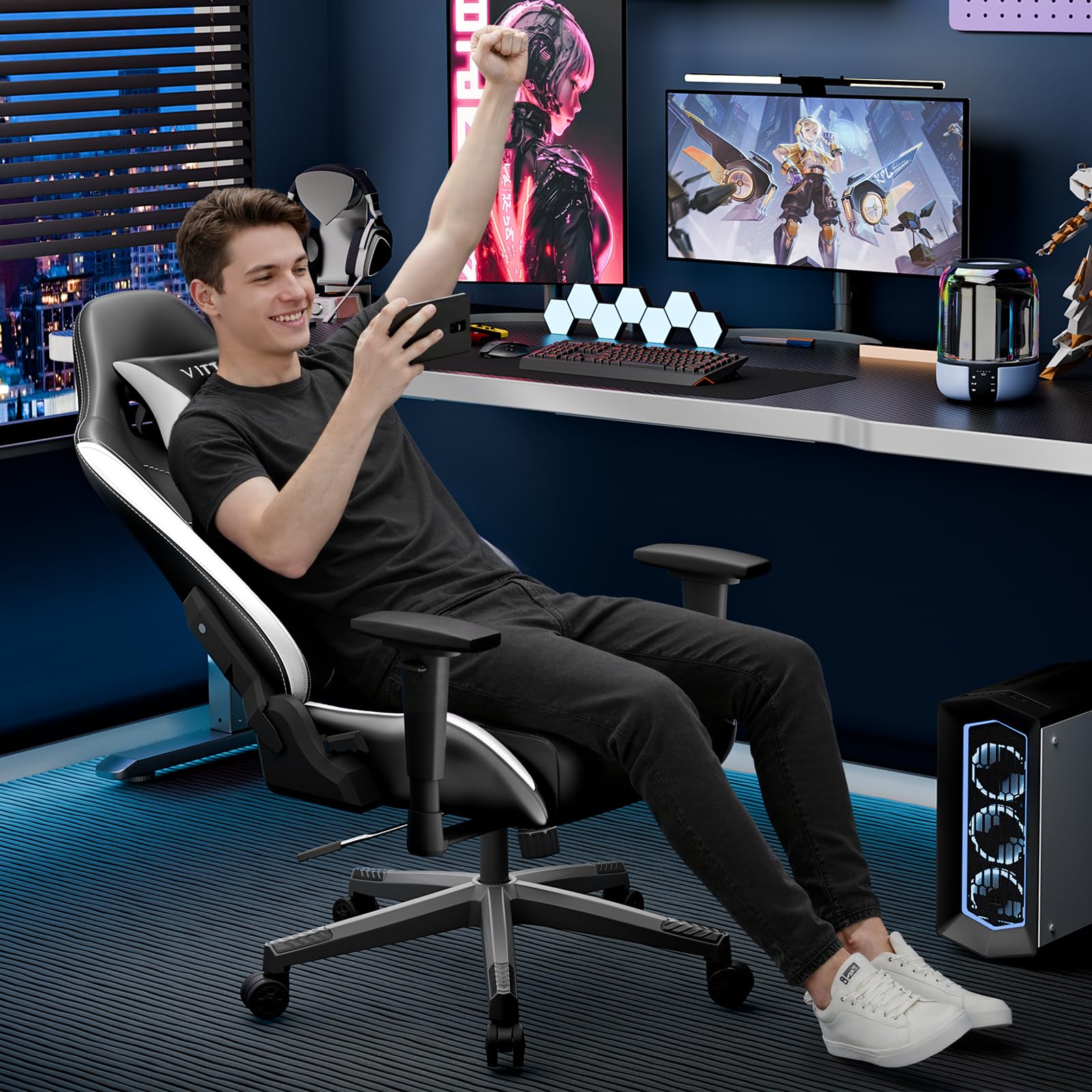 Vittanly Gaming Stuhl, 90-165° Rückenlehne, Tragkraft 150 kg, Weiß | Kopfstütze und Lendenkissen, Gaming Chair, Gamer Stuhl, Gaming Sessel, Bürostuh, Schreibtischstuhl