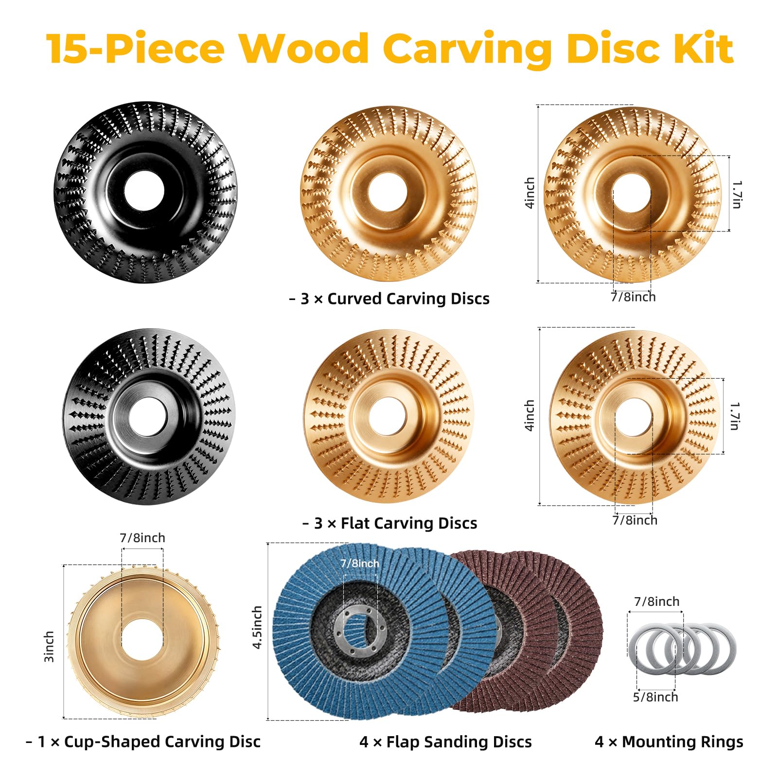 Wood Carving Discs Kit - 15 Piece for Angle Grinder -2