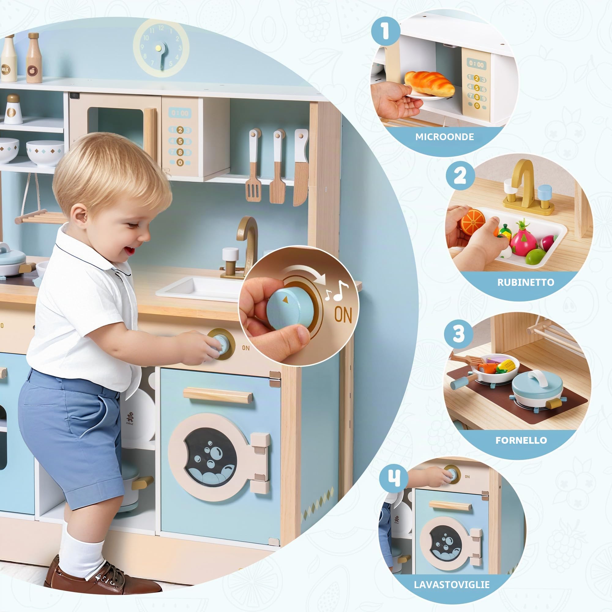 ROBUD Cucine da gioco in legno per bambini e bambini piccoli, accessori da cucina per bambole con forno a microonde, lavatrice, cuoci riso, stoviglie; regali dai 3 anni in su