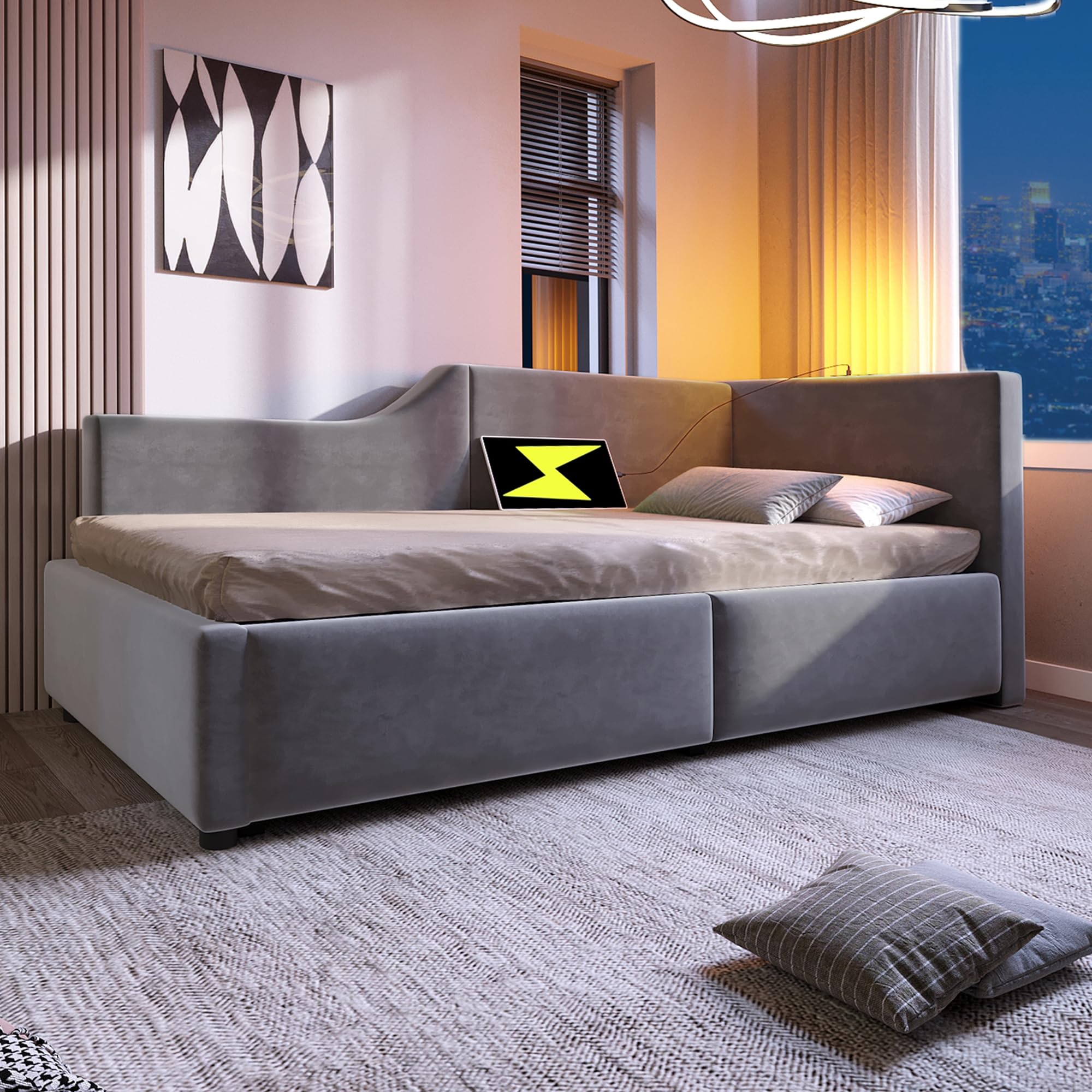 Letto Singolo con Contenitore 90x190 cm con luce di lettura e USB Type C,divano letto con spazio idraulico, Letto imbottito con Testiera, Letto con rete a doghe, Struttura Letto Singolo