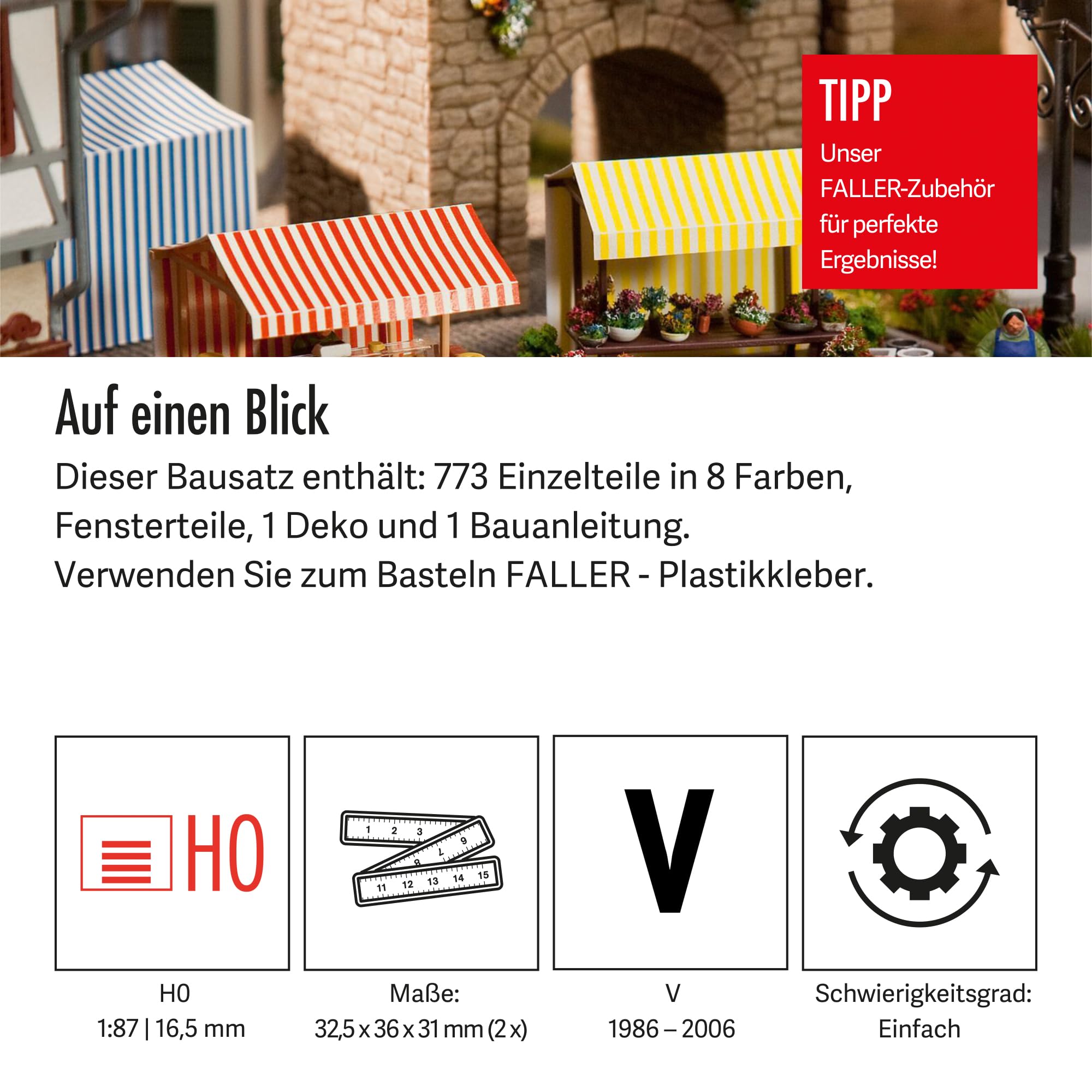 FALLER FA180614 - Wochenmarkt II Blumen- und Käsestand, Weiss/Opulenter Garten